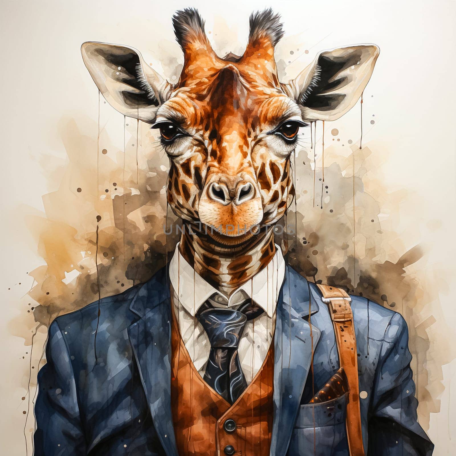 A watercolor drawing of a giraffe in a formal suit by Alla_Morozova93