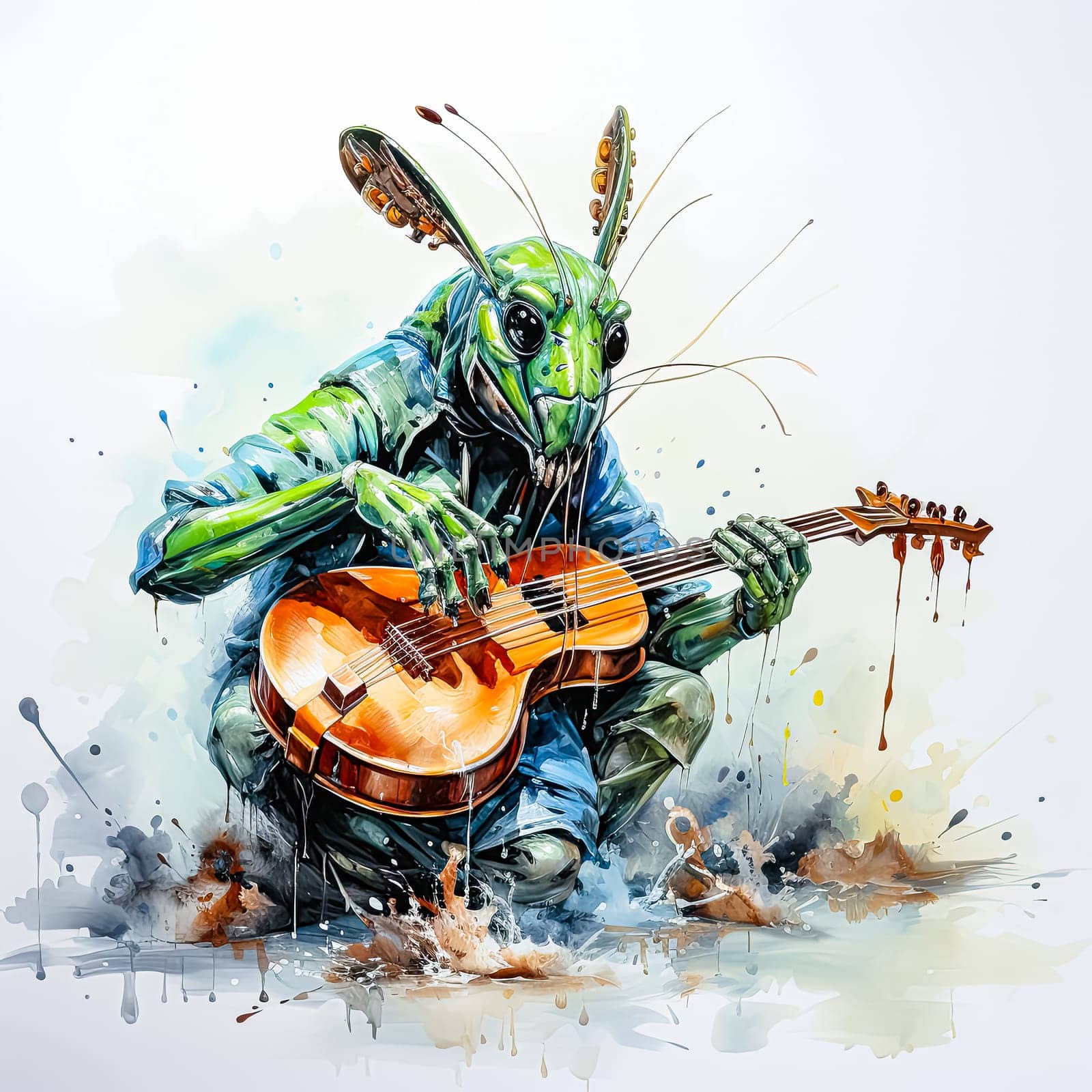 the watercolor painting of a grasshopper with a guitar by Alla_Morozova93