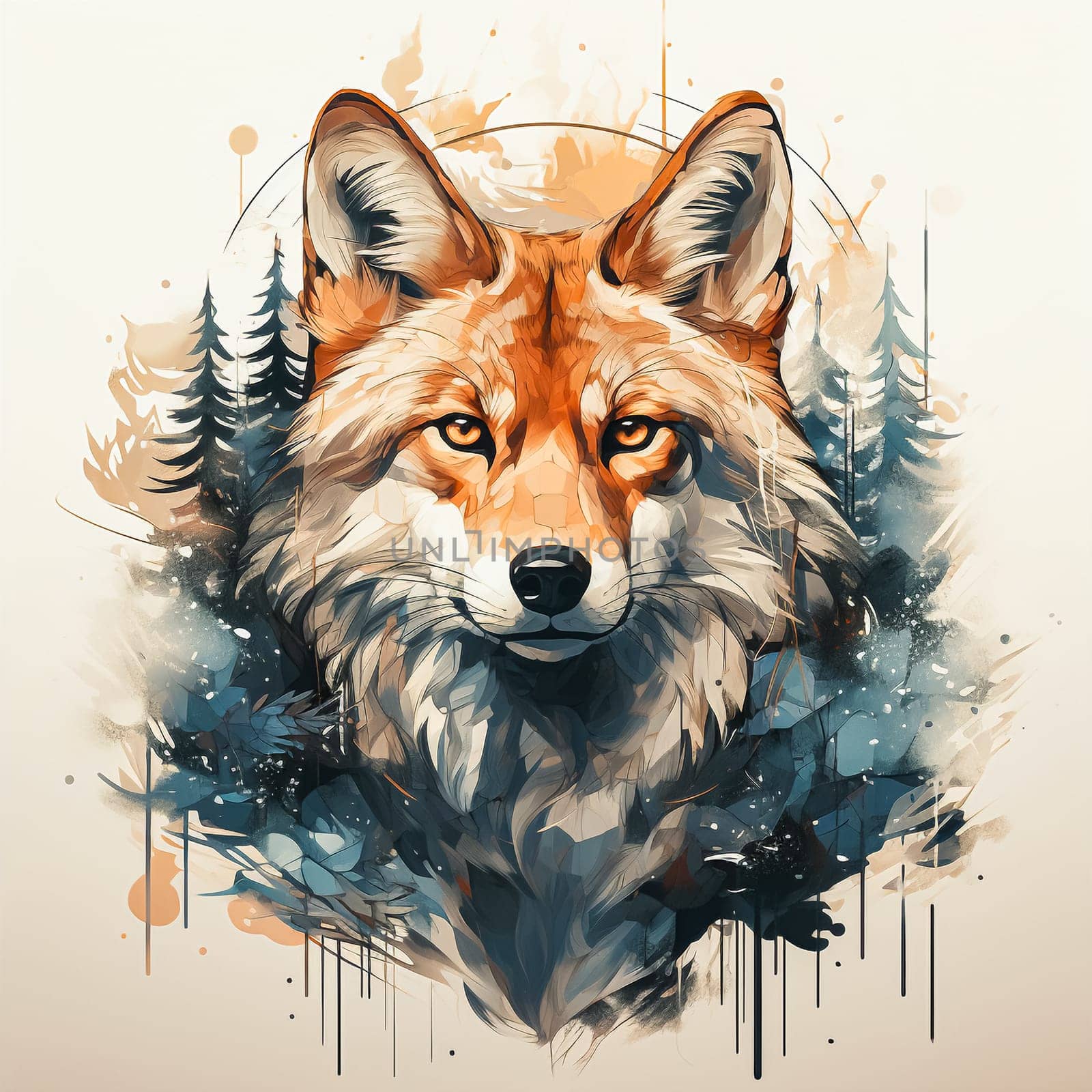 Watercolor portrait of a fox on the background of a forest. High quality illustration