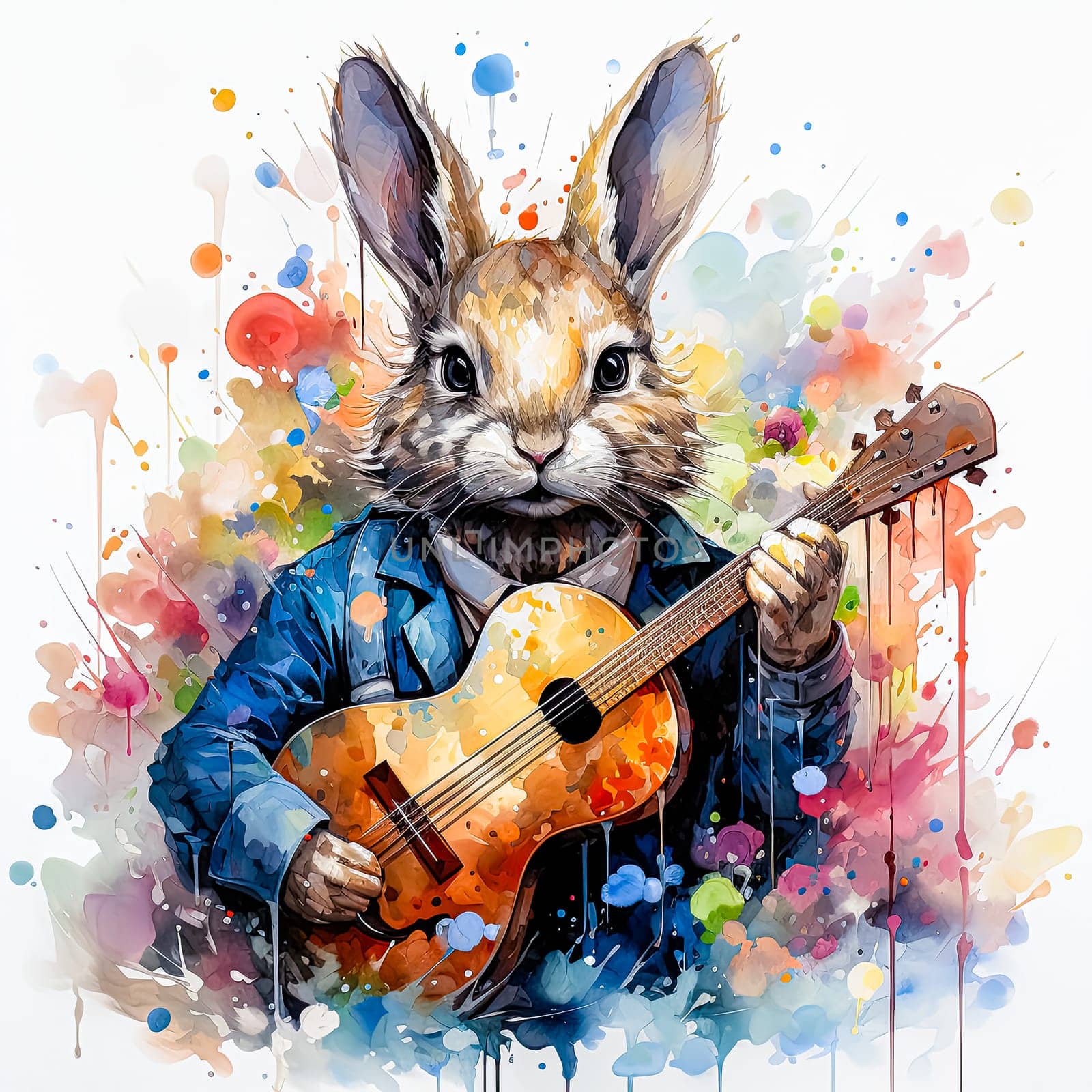 Rocker Bunny, a watercolor painting of a musical bunny playing a guitar, bringing fun and creativity to the visuals.