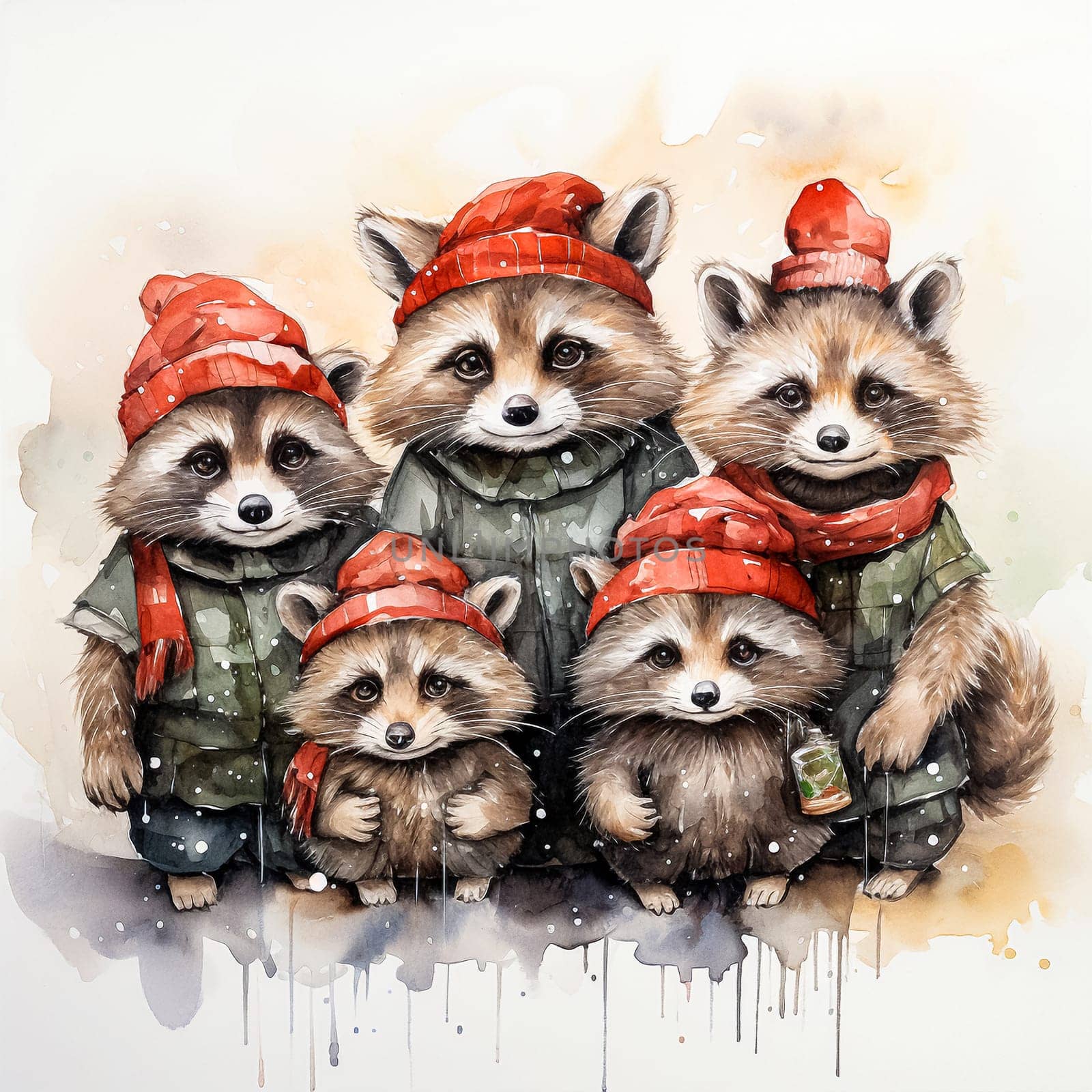 Family of raccoons in winter hats watercolor. High quality illustration