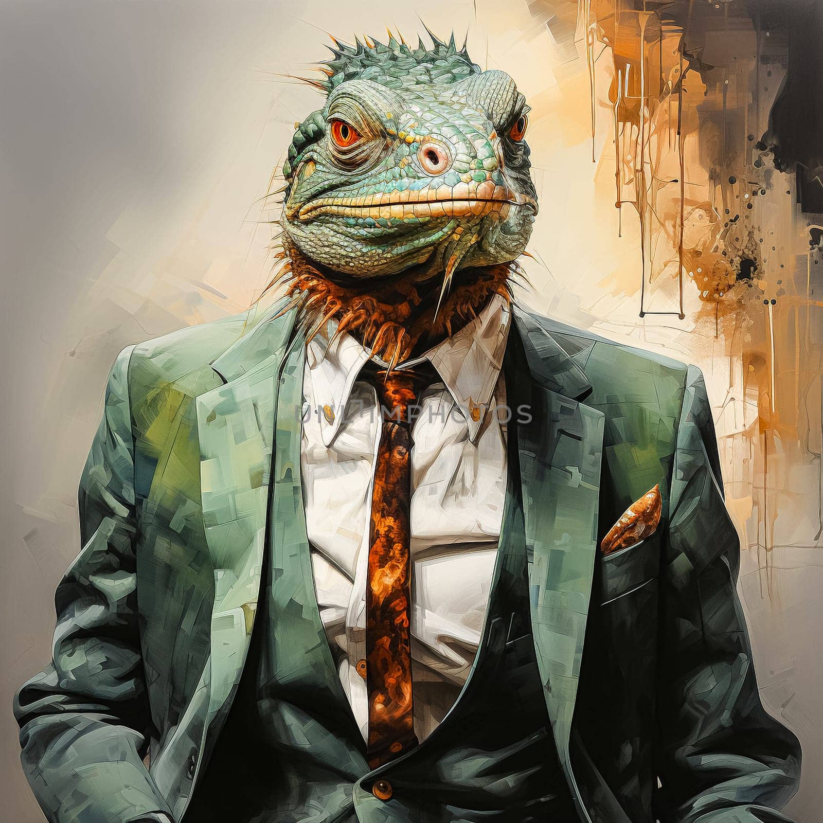watercolor illustration of a lizard in a business suit, a unique and captivating image by Alla_Morozova93
