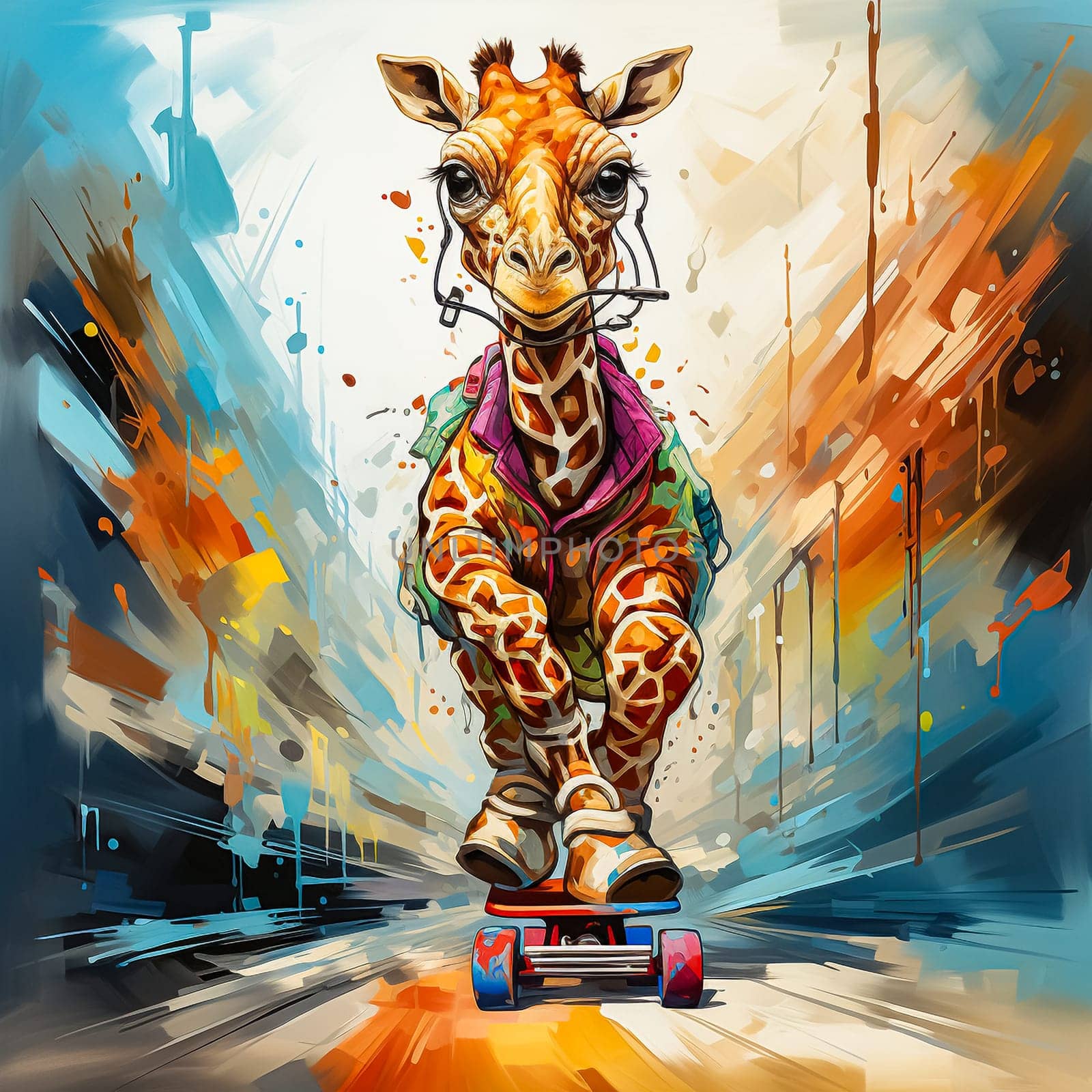 A watercolor illustration of a fashionable giraffe on a skateboard by Alla_Morozova93