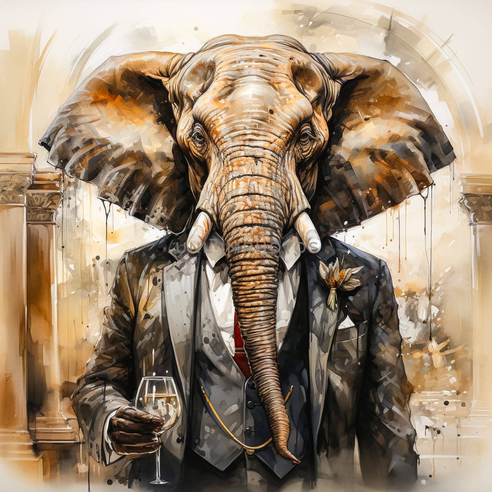 watercolor illustration of an elephant in a business suit, a unique and captivating image