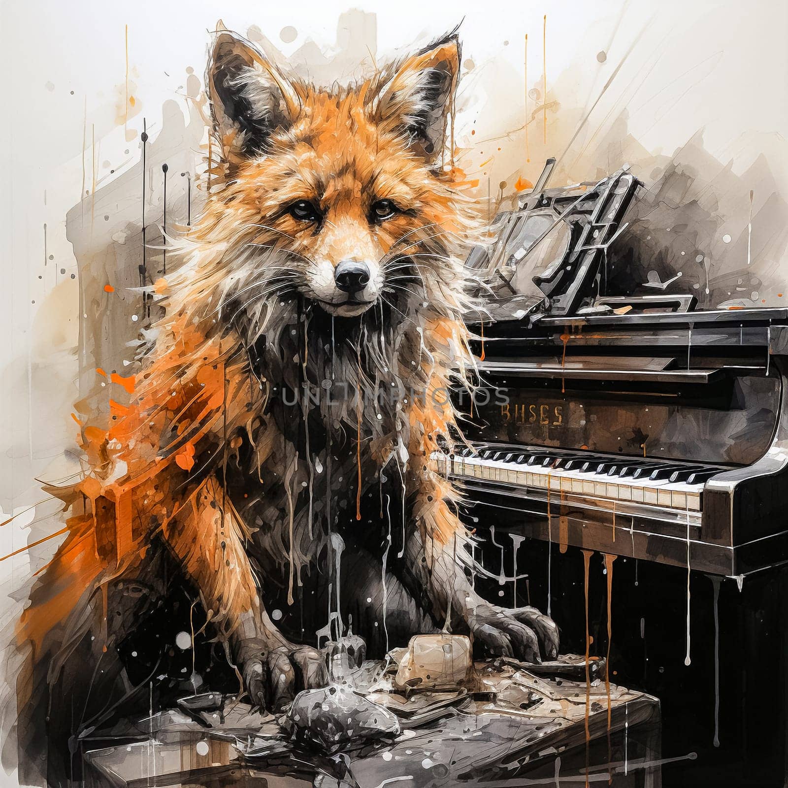 Fox Serenade, a watercolor painting of a fox playing the piano, a playful and lively image full of character.