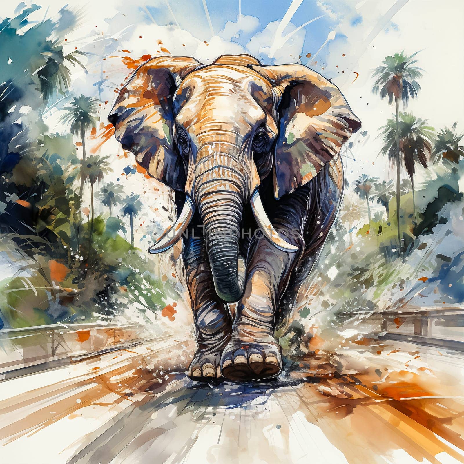 Watercolor elephant running through african jungle. High quality illustration