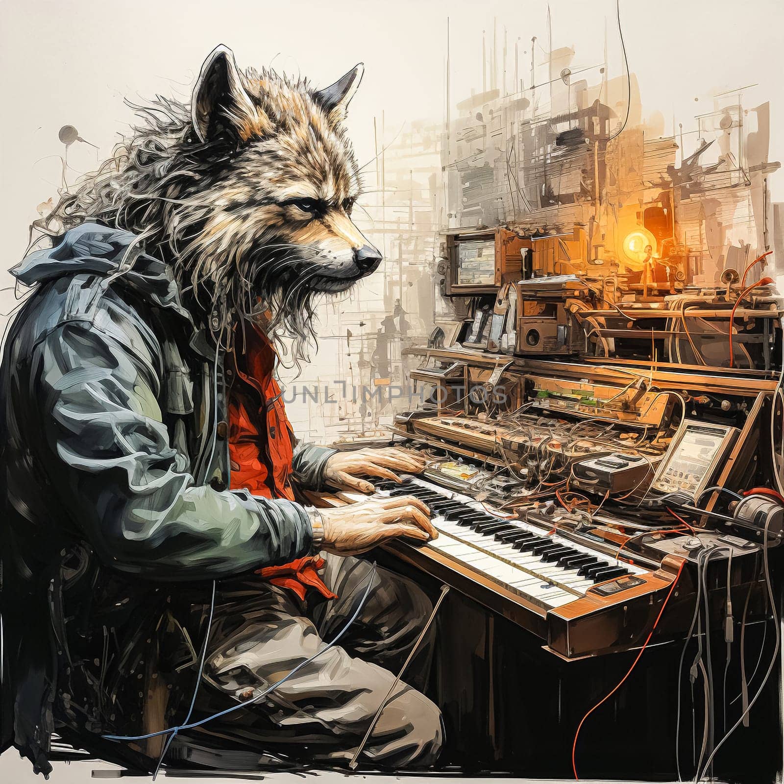 The watercolor painting of a wolf playing the piano by Alla_Morozova93