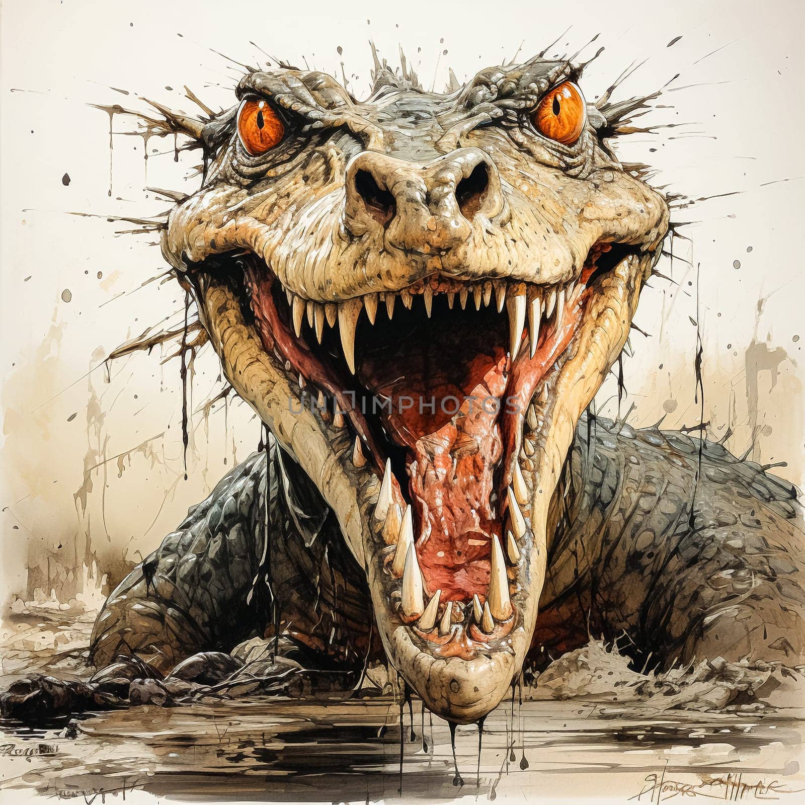 Aggressive alligator disgustedly shows its teeth in watercolor by Alla_Morozova93