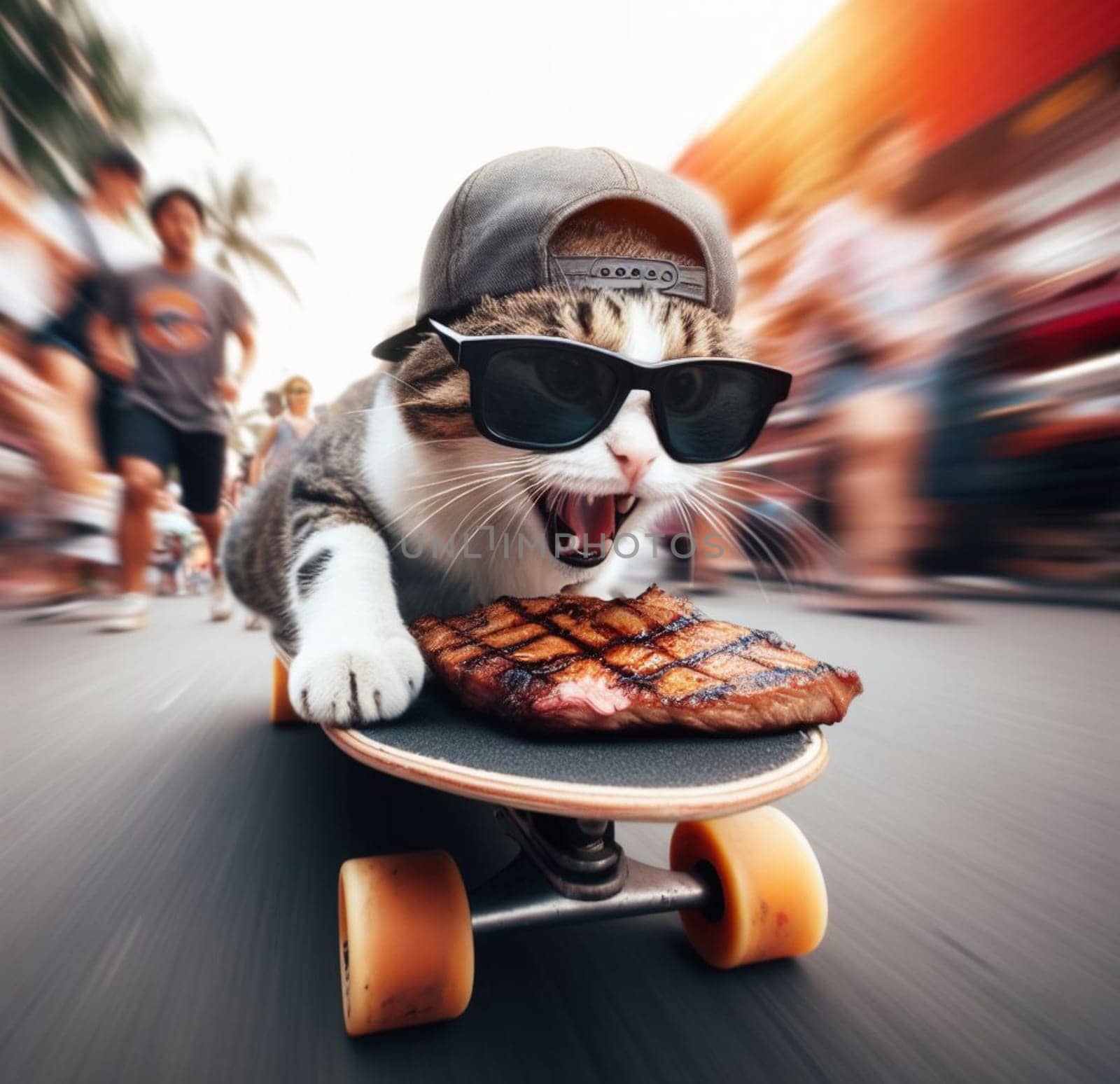 funny cat thieve wear cap and sunglass escape on skateboard from market with stolen grilled steak ai art generated