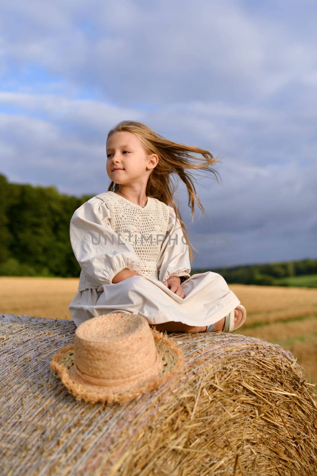 A girl sitting on a bale of wheat Countryside