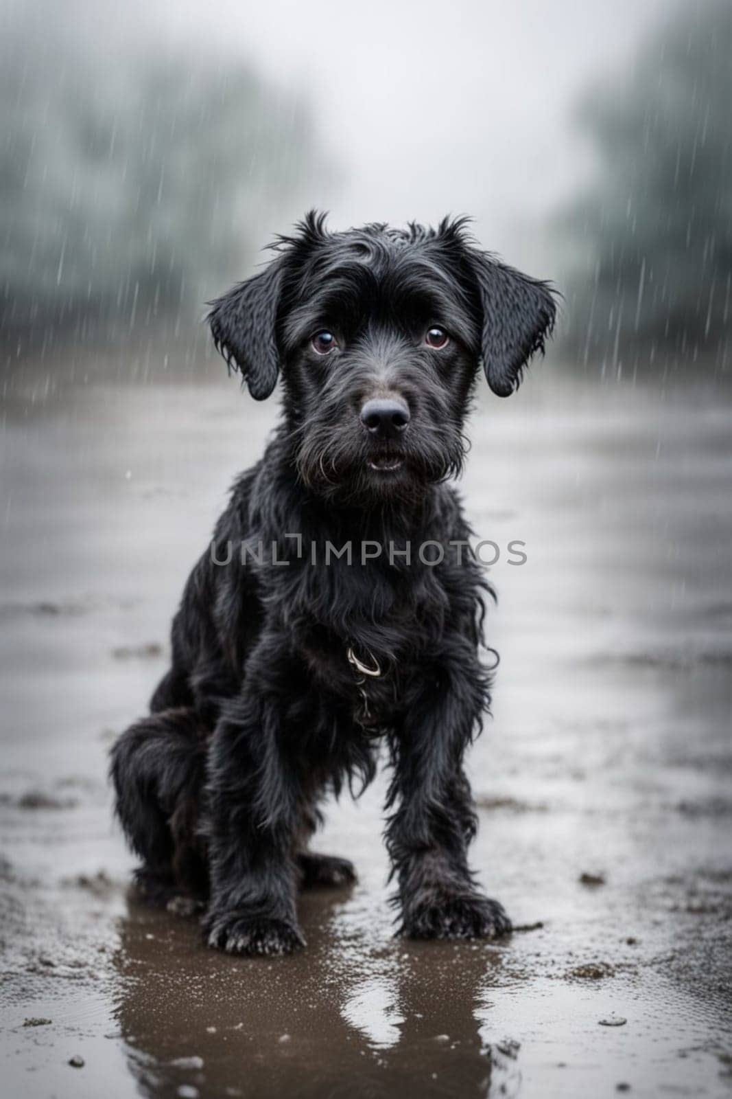 mixed breed puppy dog under the rain in the street sad hungry looking for shelter by verbano