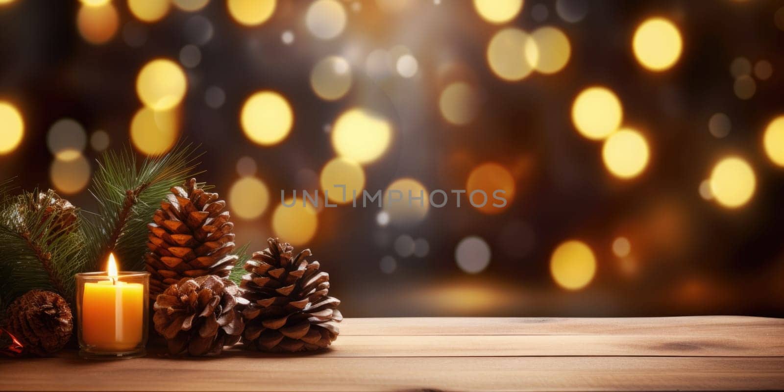 Merry Christmas and Happy New Year background with empty wooden table over Christmas tree and blurred light bokeh. Empty display for product placement. Rustic vintage Xmas 2024 background. comeliness