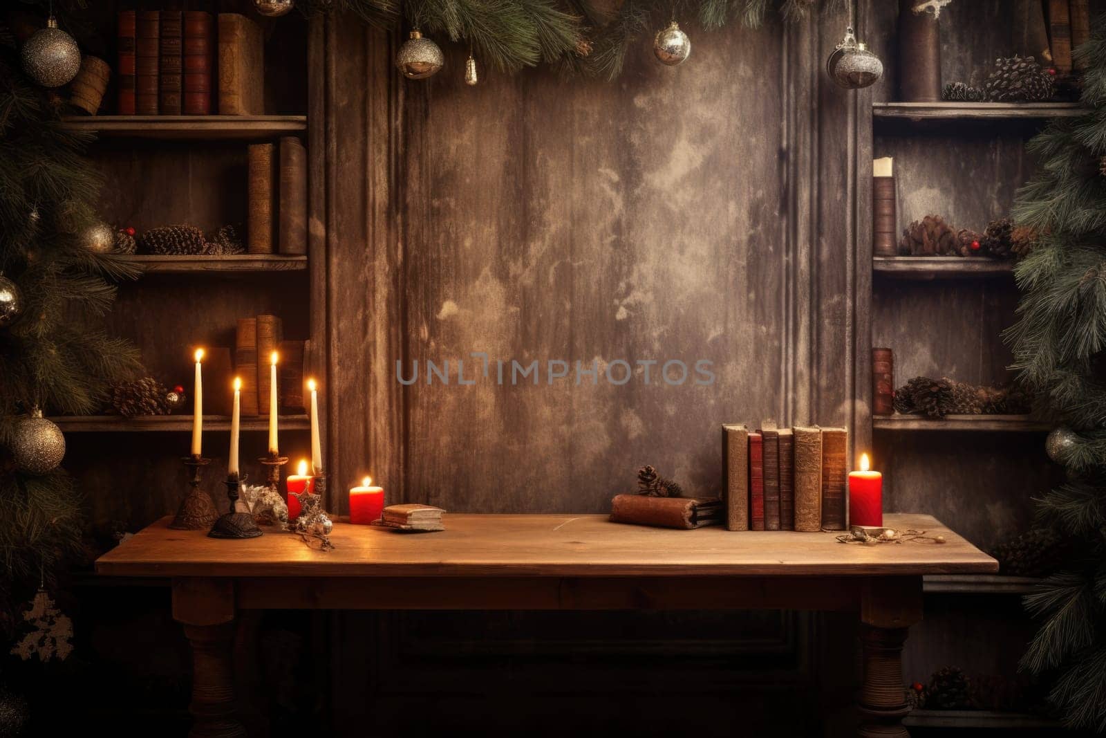 wider view of wooden desk with christmas decor at home in winter comeliness