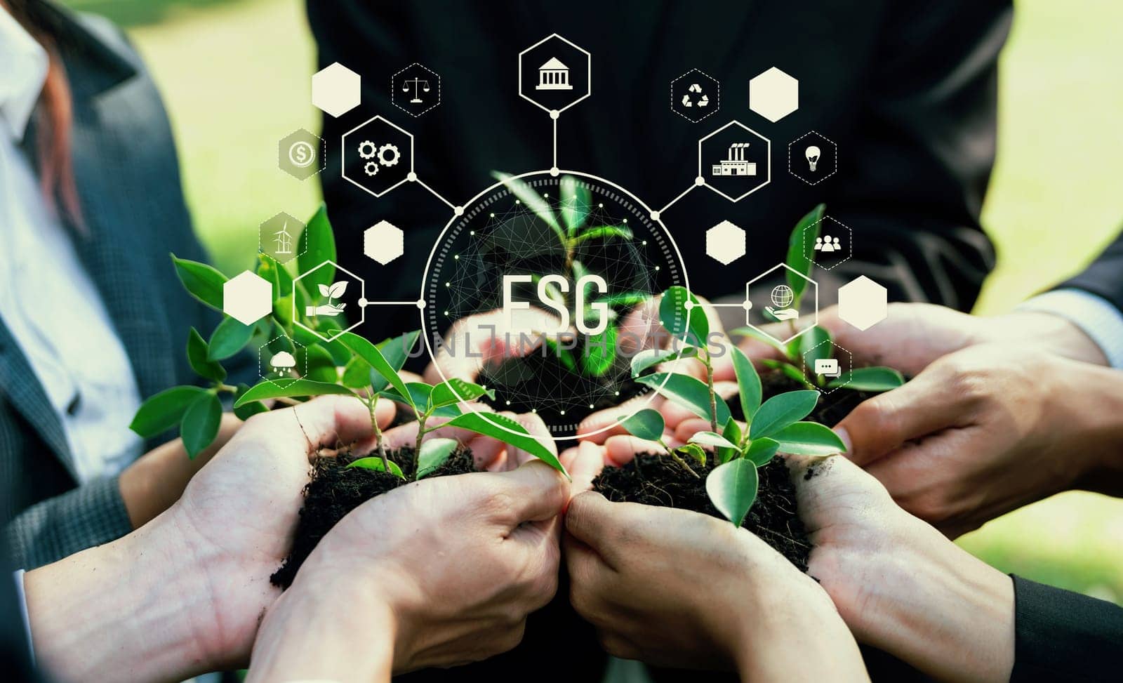 Business partnership leader gather to nurture young seedling plant with ESG icons, symbolizing corporate unity commitment to environmental protection and natural preservation. Reliance