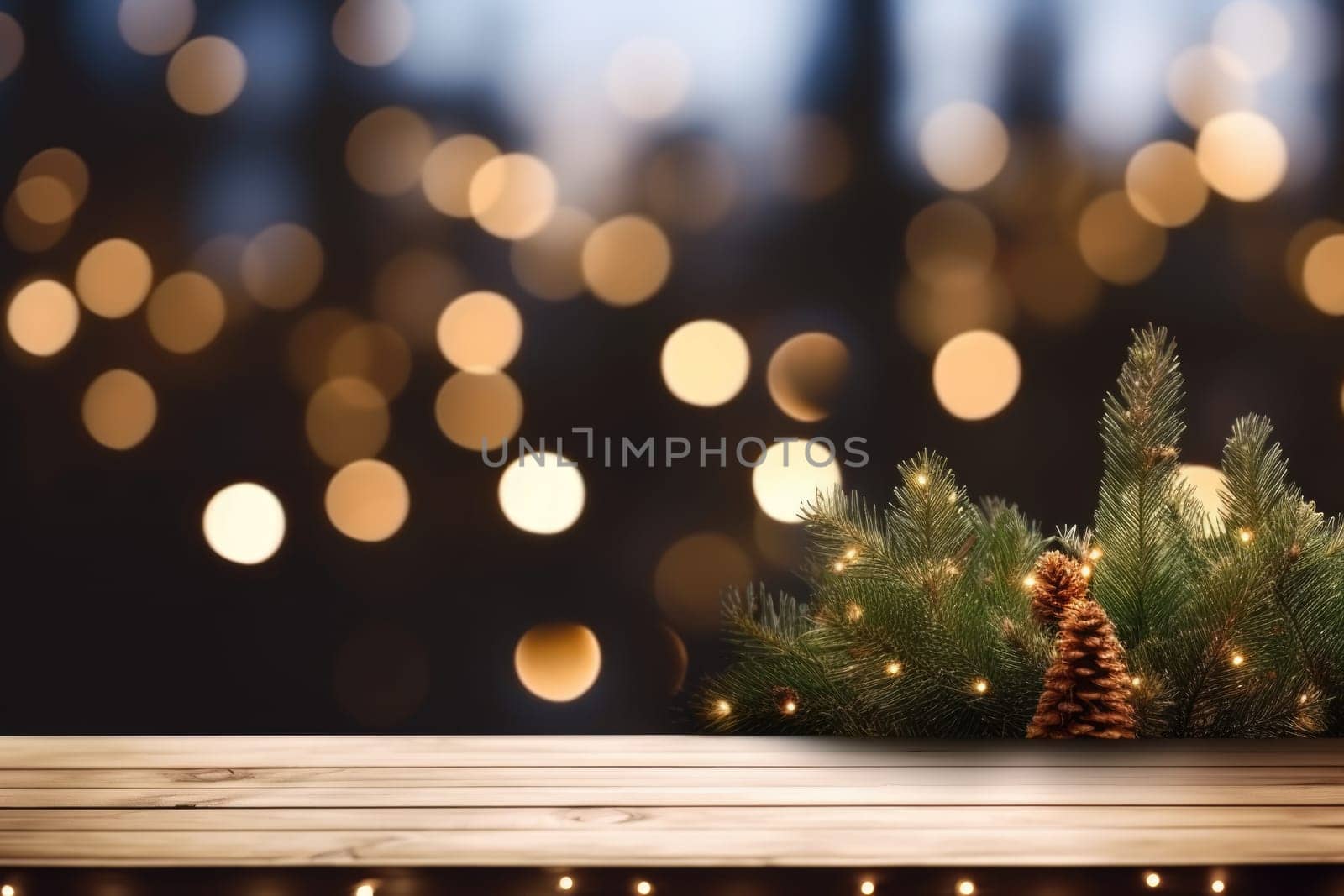 Merry Christmas and Happy New Year background with empty wooden table comeliness by biancoblue