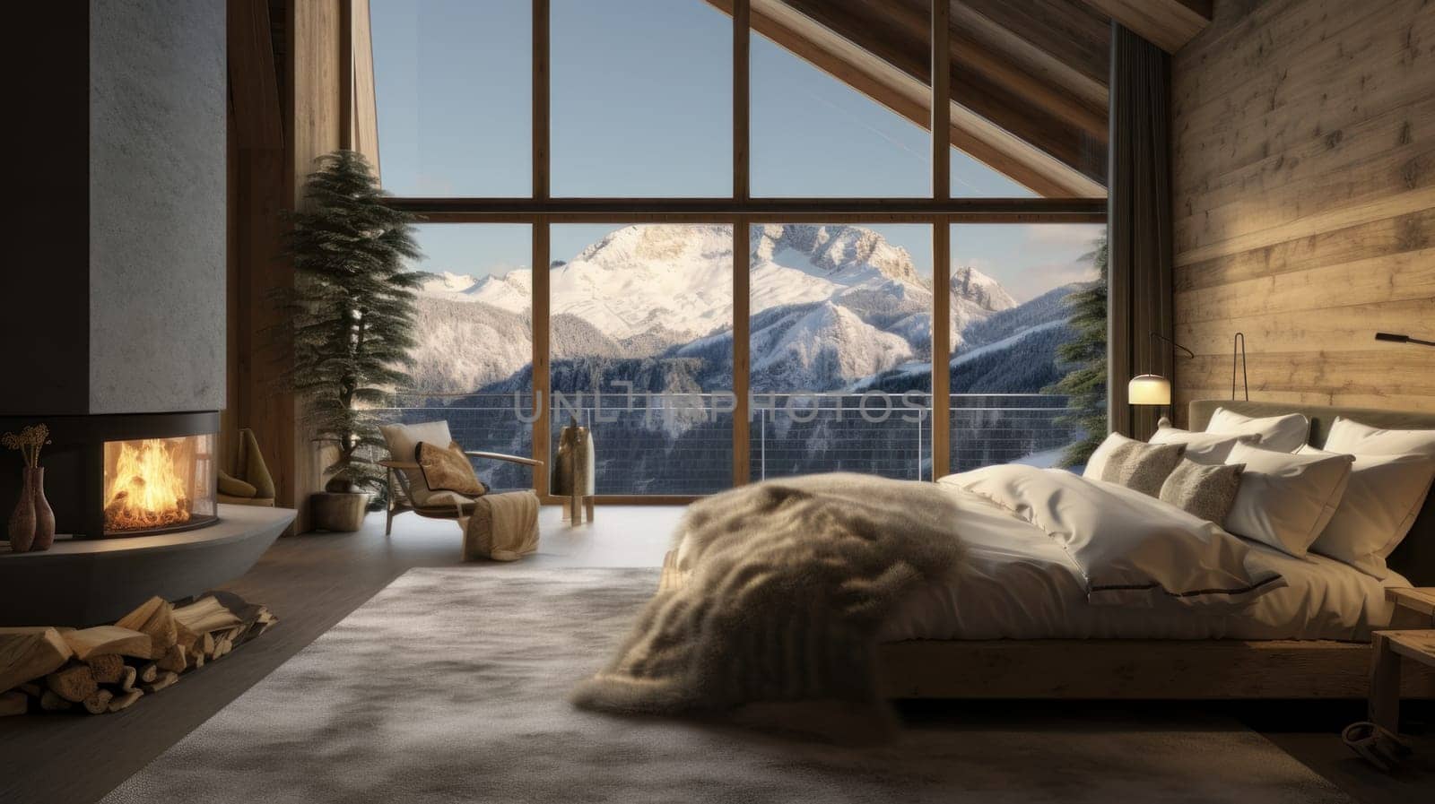 Bedroom in a luxury hotel in the middle of winter and mountains by Alla_Yurtayeva