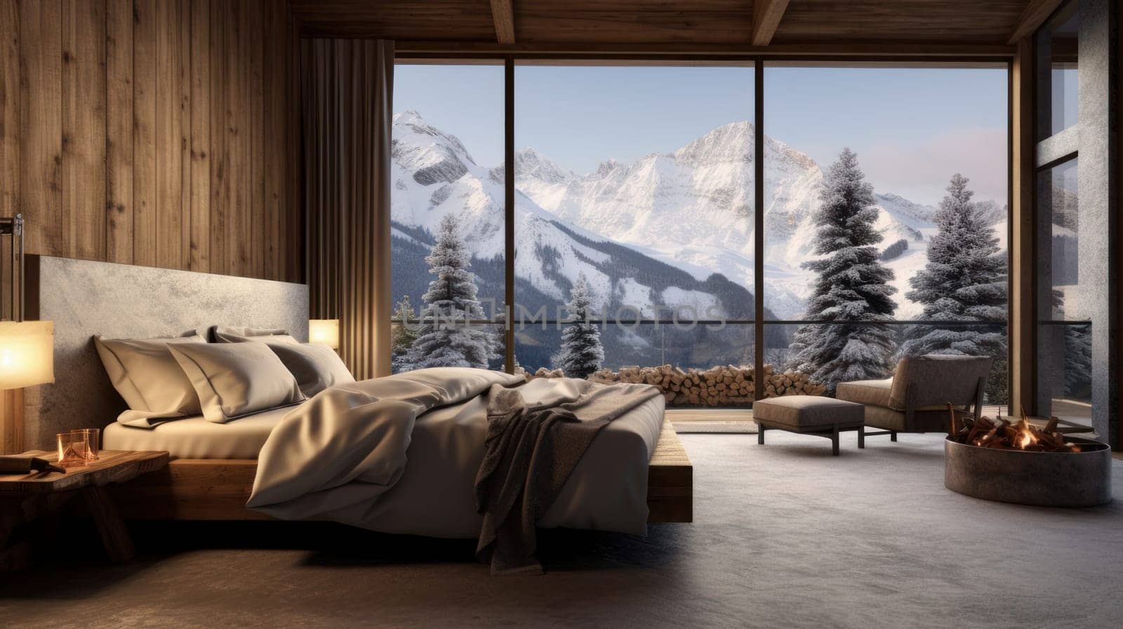 Bedroom in a luxury hotel in the middle of winter and mountains by Alla_Yurtayeva