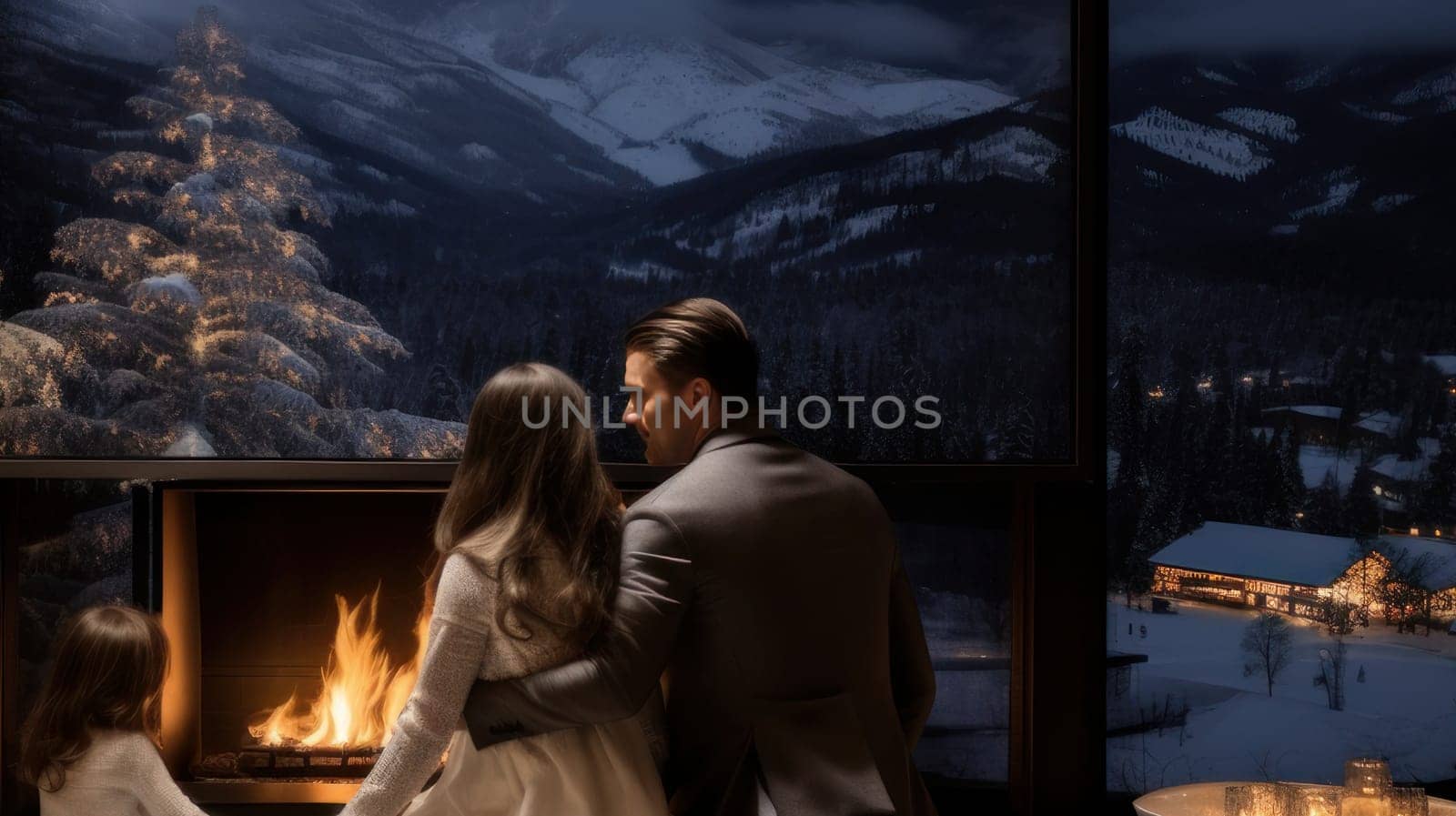 A young couple in love in a luxurious room with panoramic windows in an ecological chalet hotel at an Alpine ski resort overlooking the snowy landscape and mountains. Concept of traveling around the world, recreation vacations, tourism