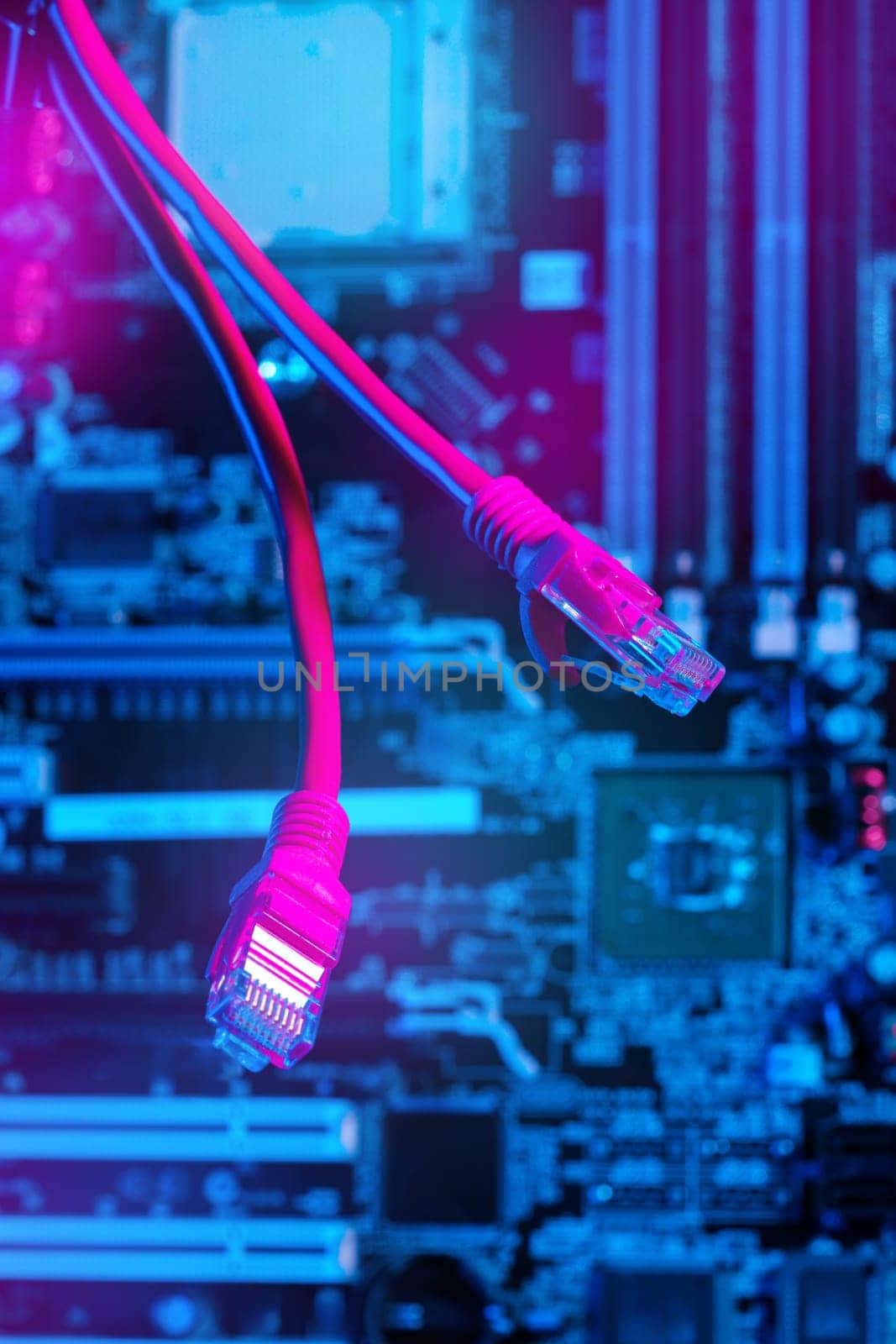 Modern technology network cable in neon light. by Fabrikasimf