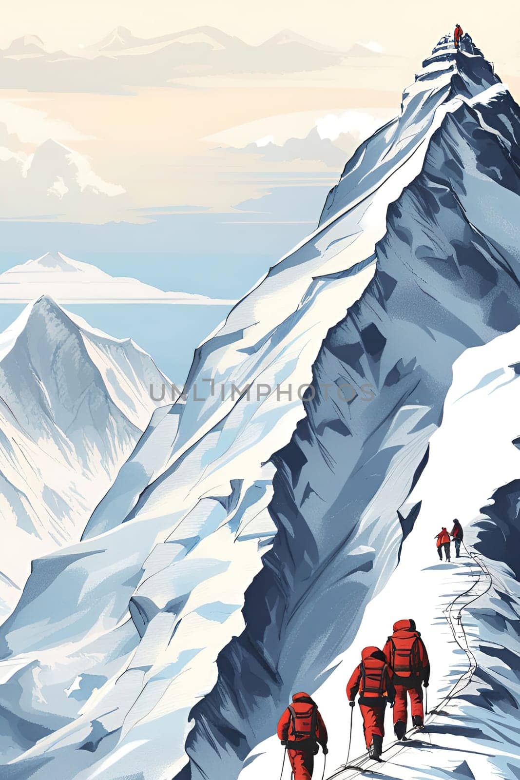 Climbers in the mountains. Vector illustration of mountaineering.Group of climbers climbing up to the top of the mountain. Hikers on the top of the mountain.