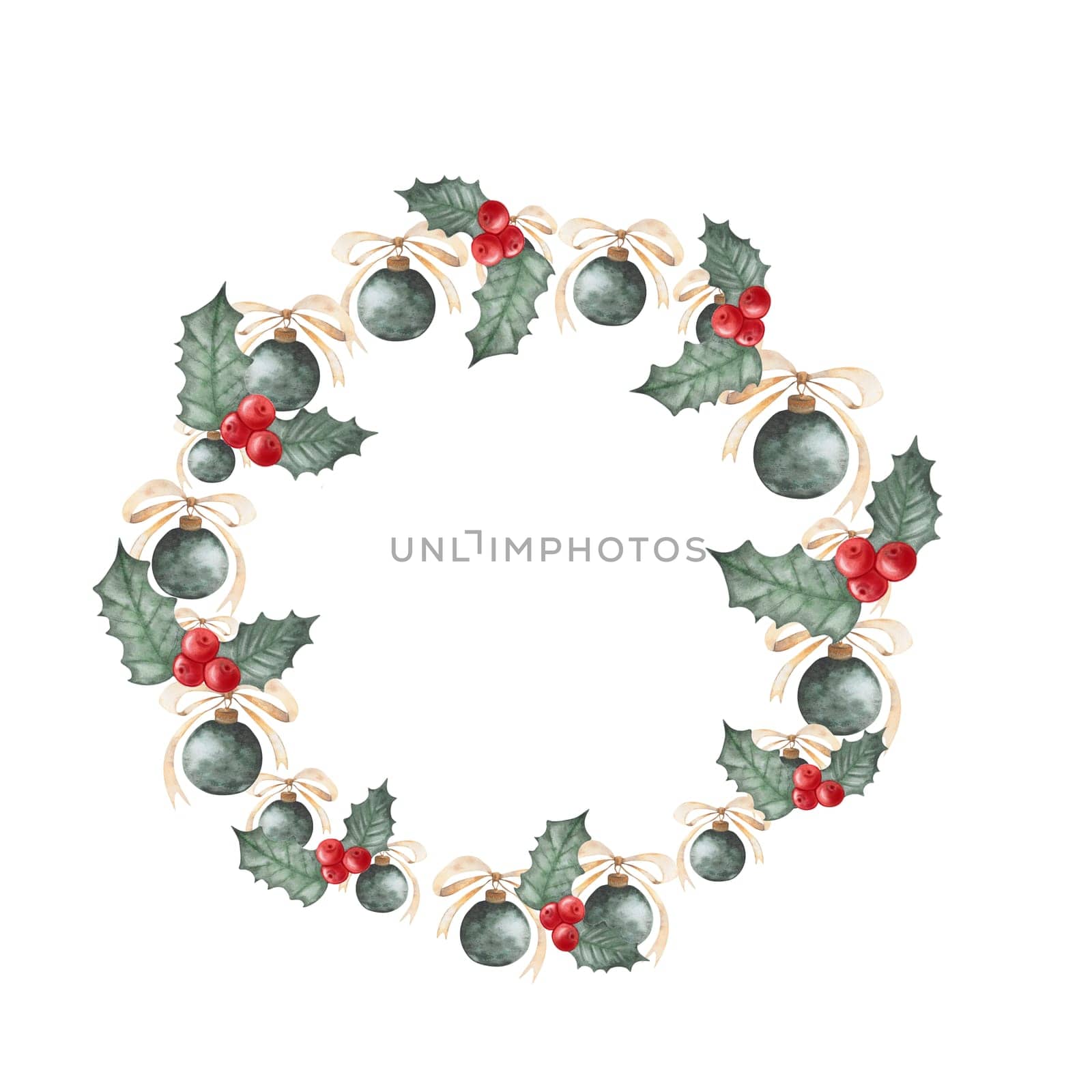 Watercolor round frame with Christmas tree green vintage balls and holly with red berries. Festive wreath for outdoor decoration.