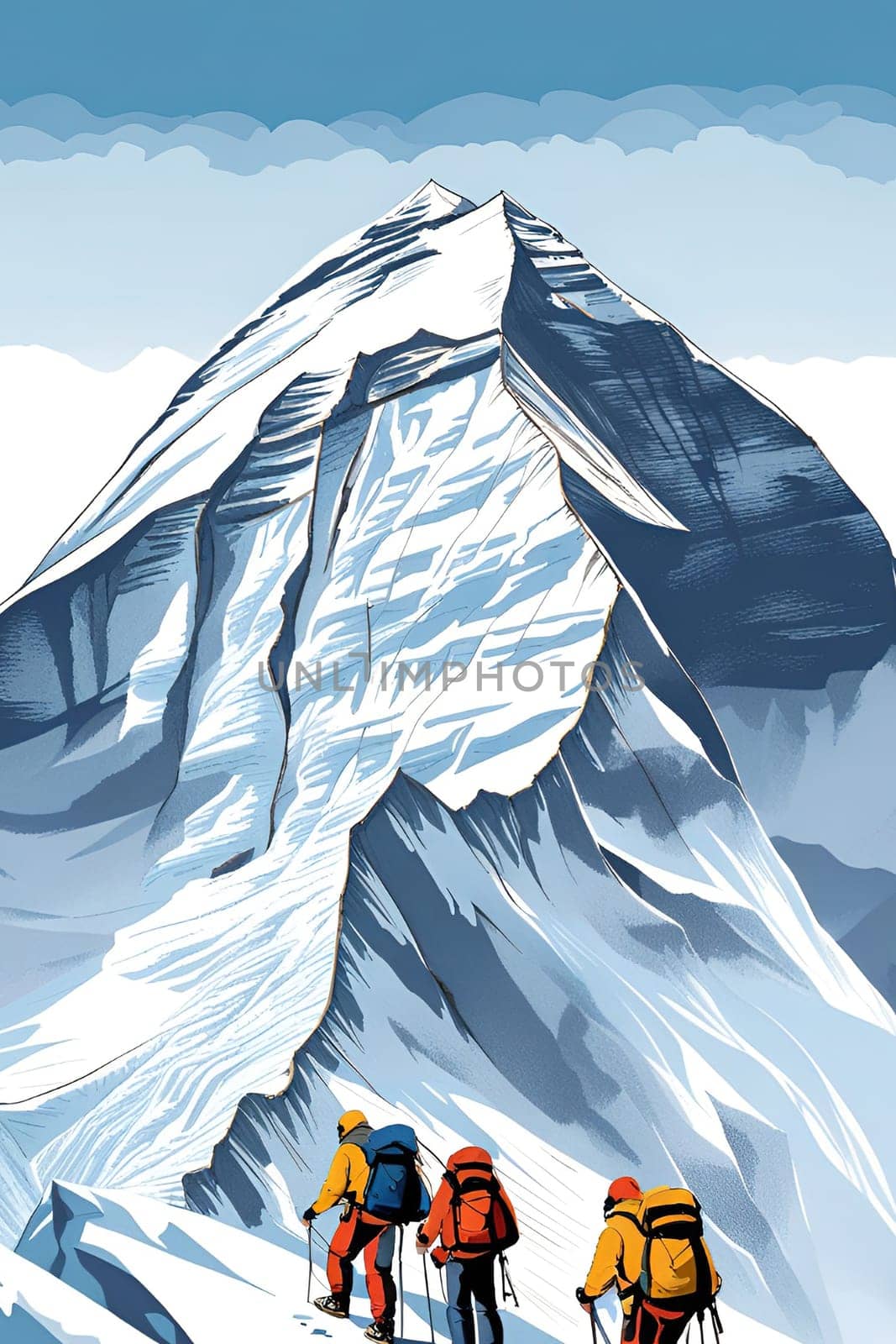 Climbers in the mountains. Vector illustration of mountaineering.Group of climbers climbing up to the top of the mountain. Hikers on the top of the mountain.