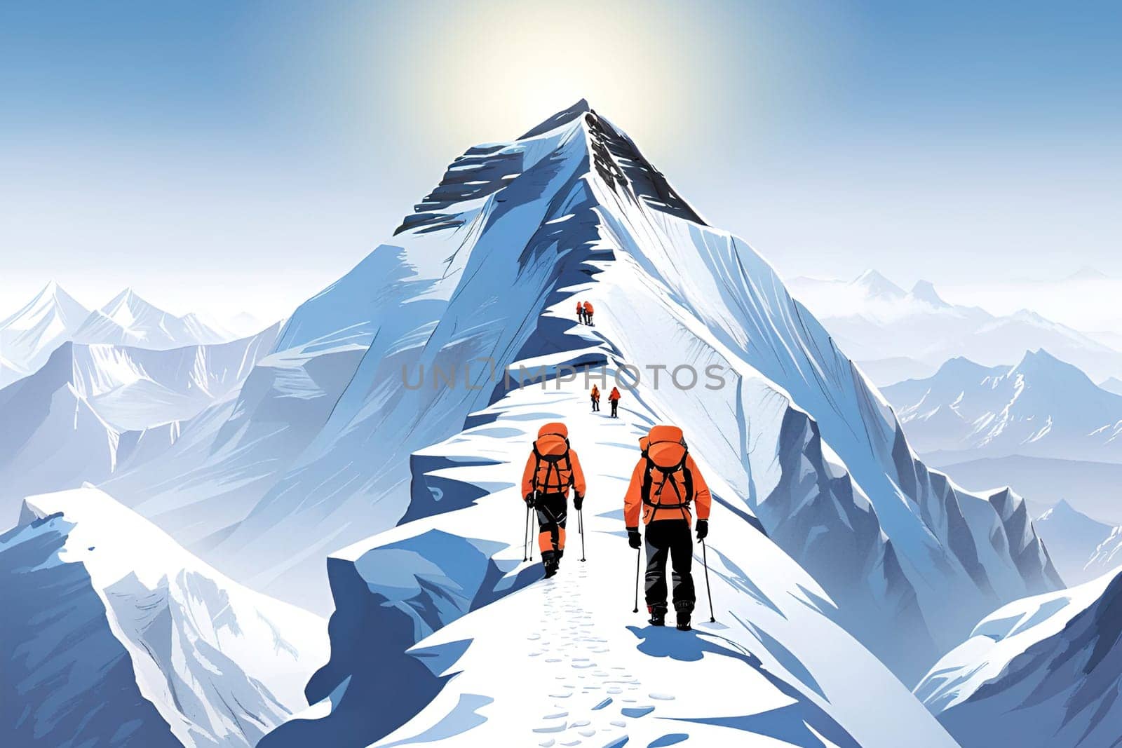 Climbers in the mountains. Vector illustration of mountaineering.Group of climbers climbing up to the top of the mountain. Hikers on the top of the mountain.