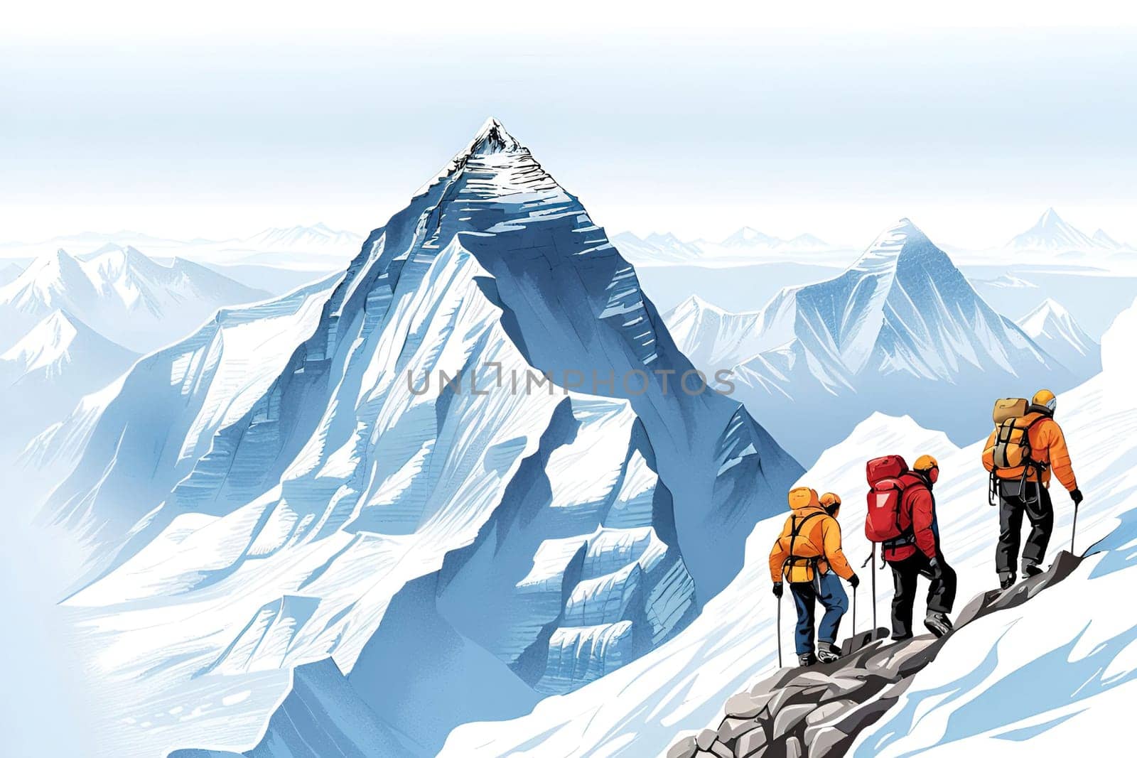 Climbers in the mountains. Vector illustration of mountaineering.Group of climbers climbing up to the top of the mountain. Hikers on the top of the mountain.