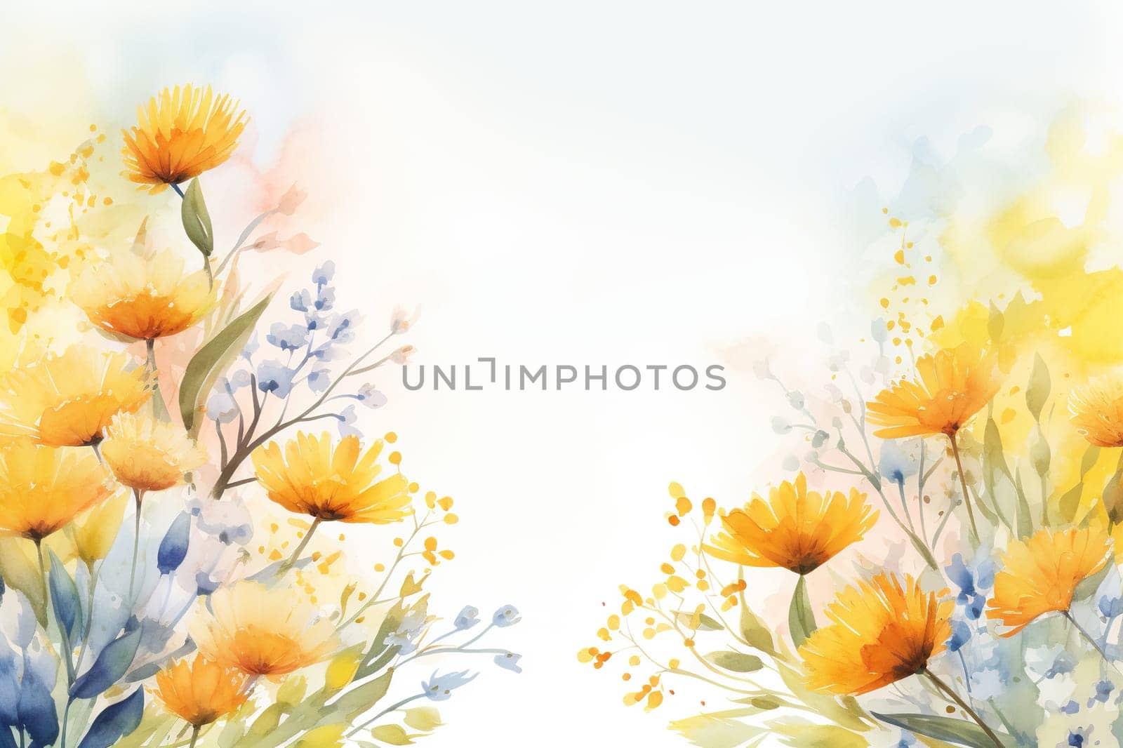 Watercolor spring, summer background with yellow flowers and place for text. Generated by artificial intelligence by Vovmar