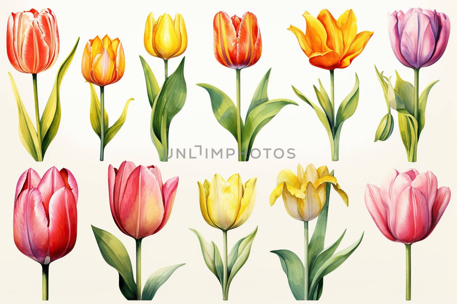 Set of watercolor tulips on a white background. Generated by artificial intelligence by Vovmar
