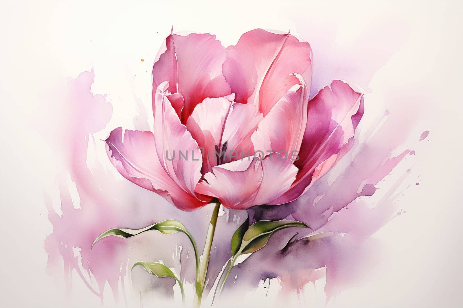 Watercolor pink tulip with paint smudges.