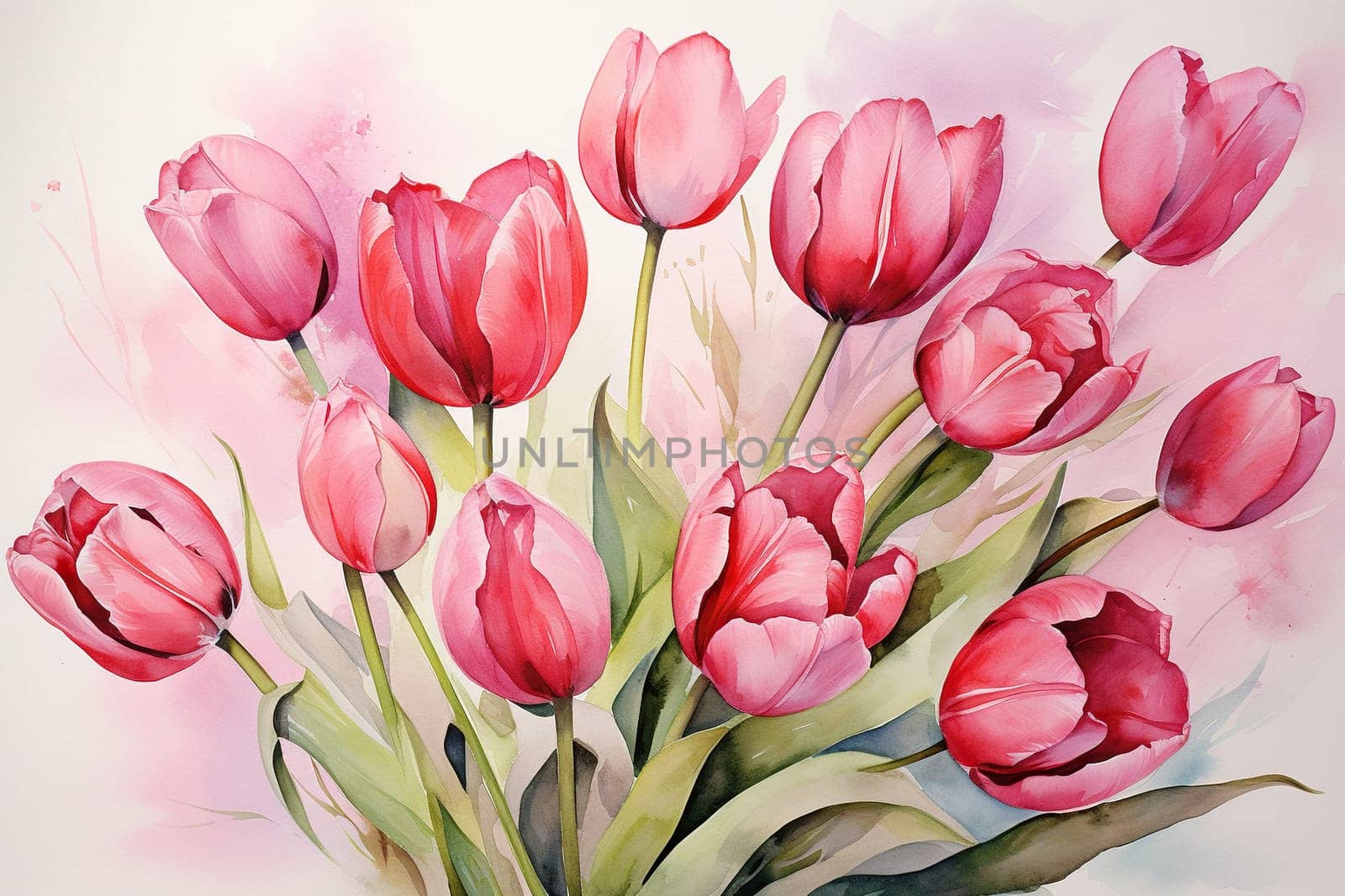 Watercolor bouquet of pink tulips.