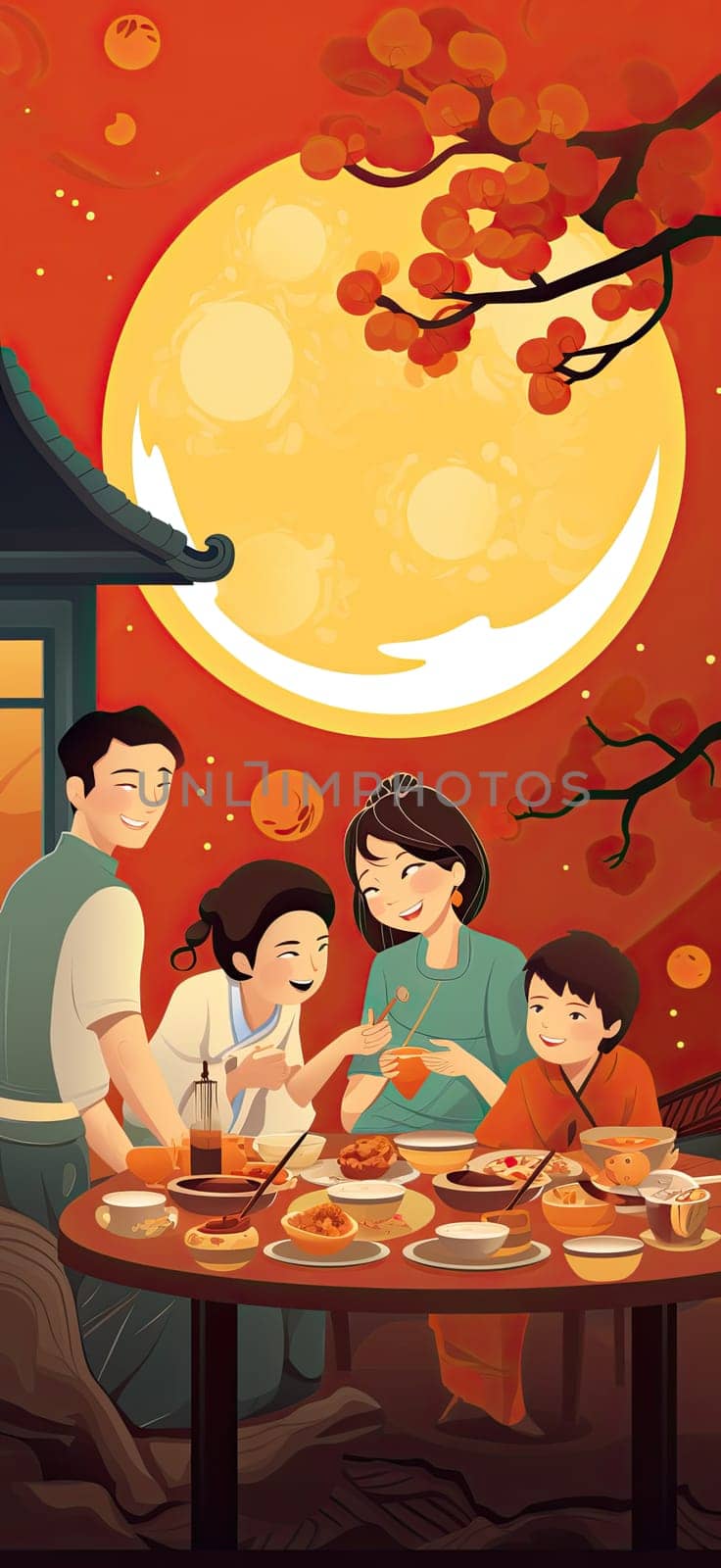Chinese family eating outside together with moon behind moon and the family,