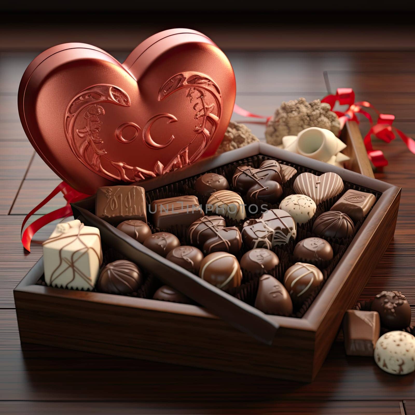 Box of Valentine's chocolate isolated on wooden background with a big heart.