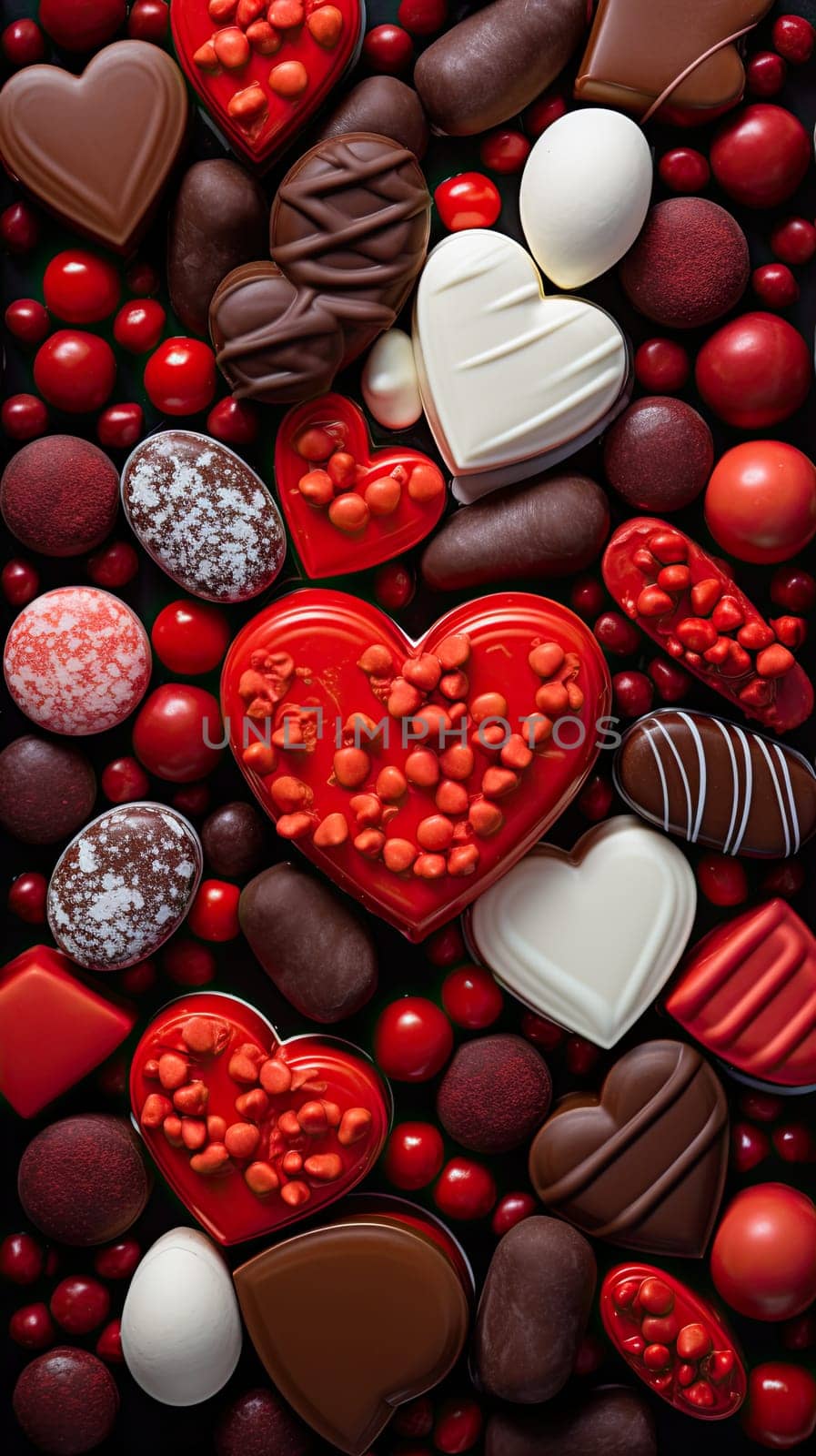 close up of assorted variety of chocolate sweets for valentines day by papatonic