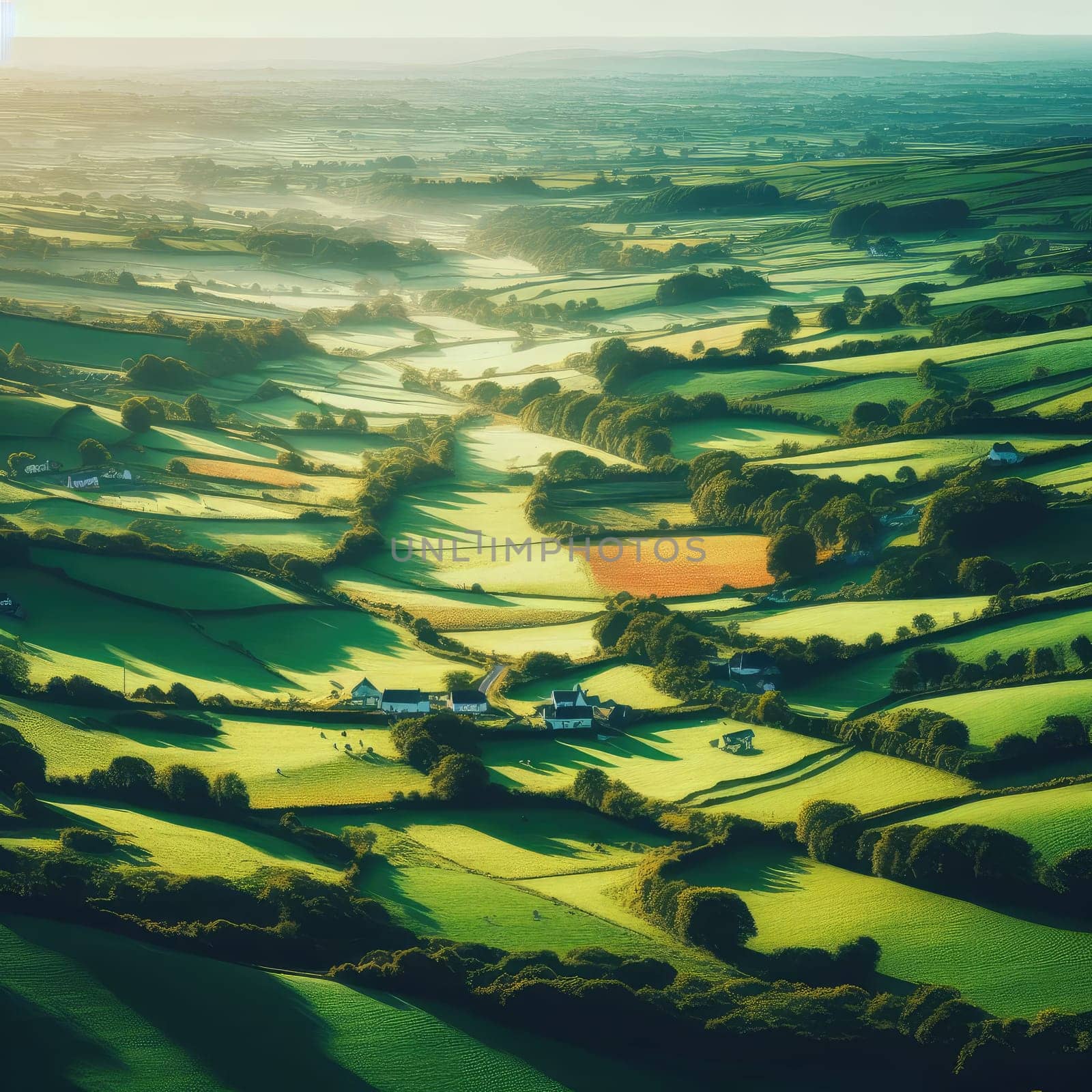 Aerial view of endless lush pastures and farmlands of Ireland. Beautiful Irish countryside with emerald green fields and meadows. Rural landscape on sunset by Kobysh