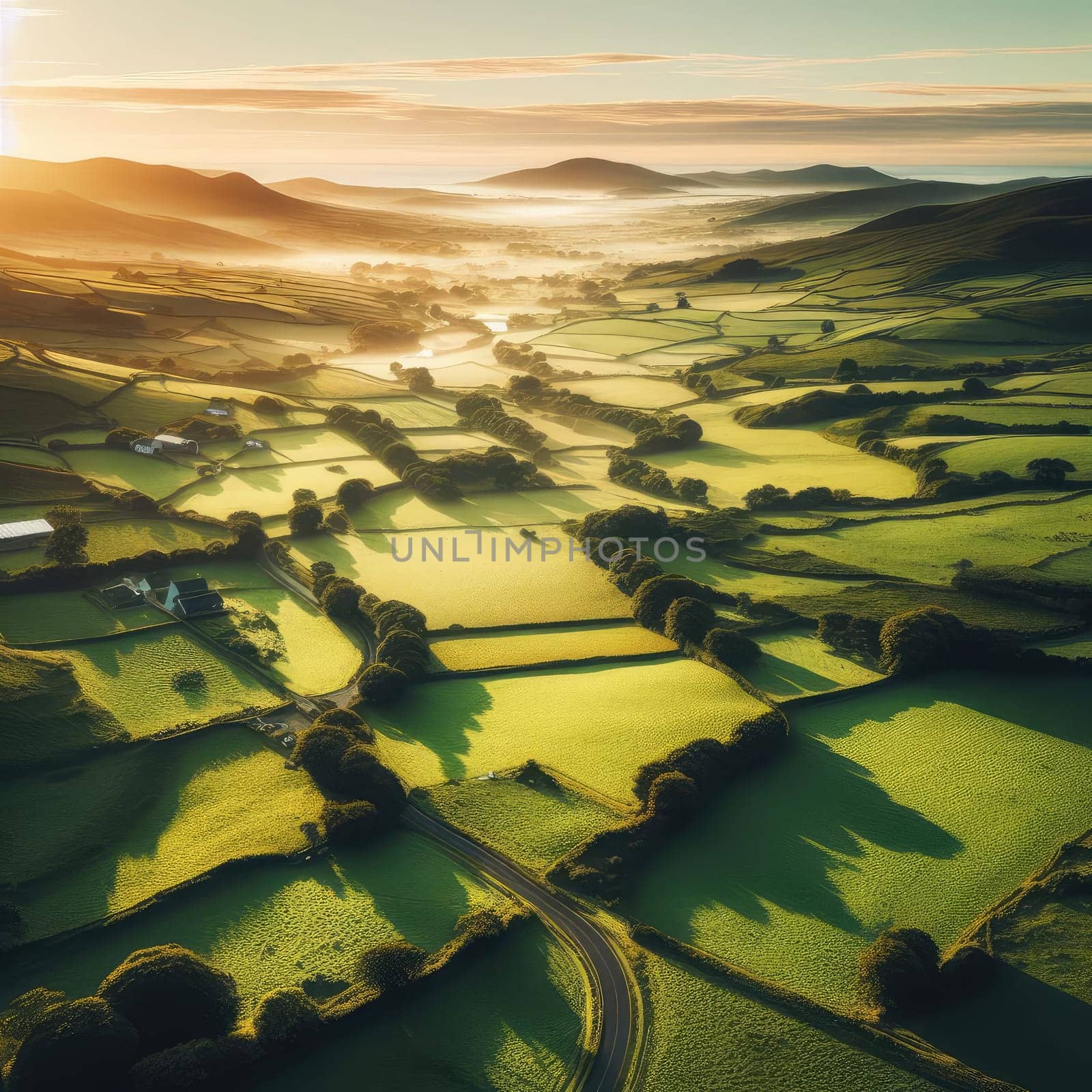 Aerial view of endless lush pastures and farmlands of Ireland. Beautiful Irish countryside with emerald green fields and meadows. Rural landscape on sunset by Kobysh
