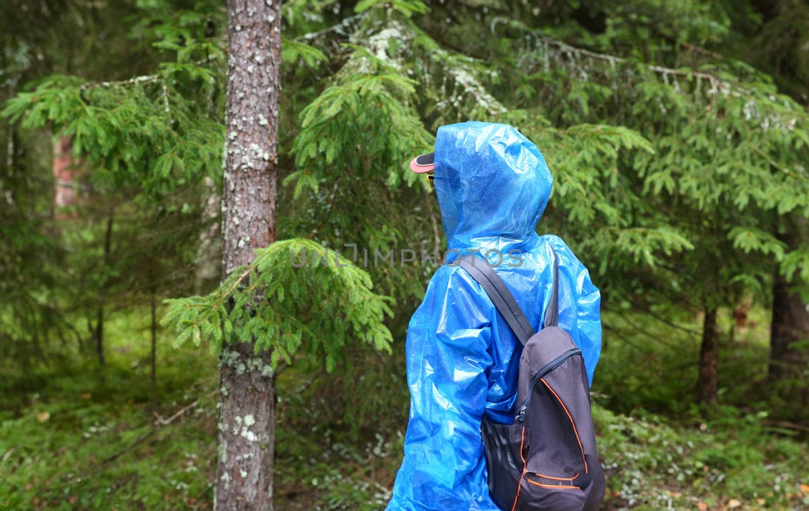 Woman in blue protective polyethylene raincoat agains forest background. Search for get missing people concept