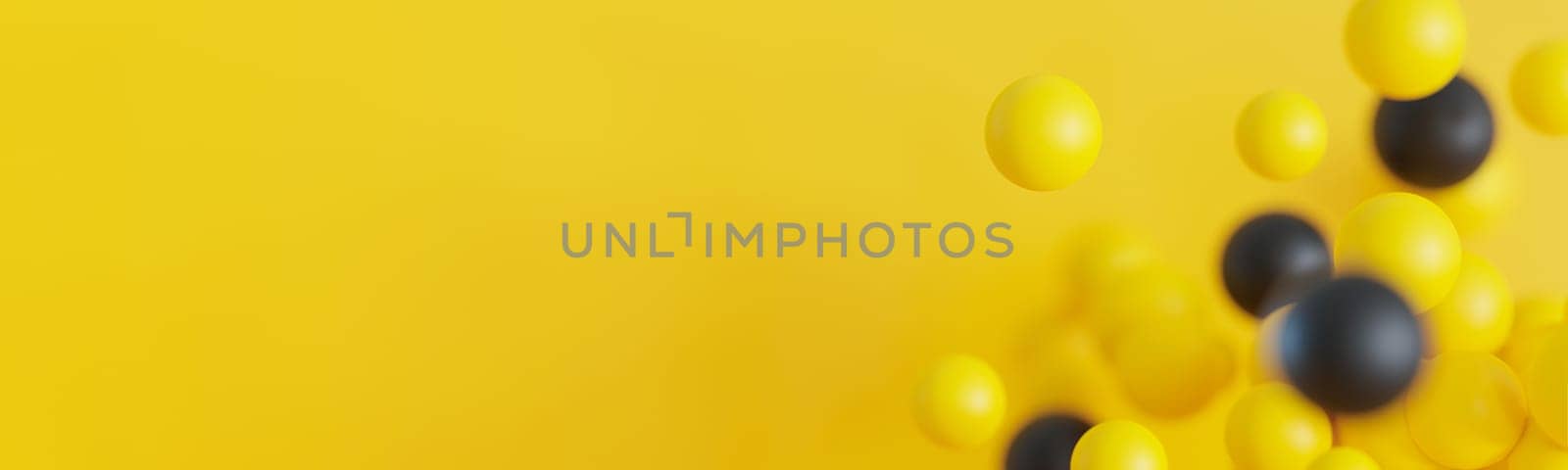 Dynamic yellow and black balls, balloons on a vivid yellow background, perfect for sales, Black Friday themes. Empty, copy space for text. Backdrop for promotion, advertising, event invitations. 3D. by creativebird