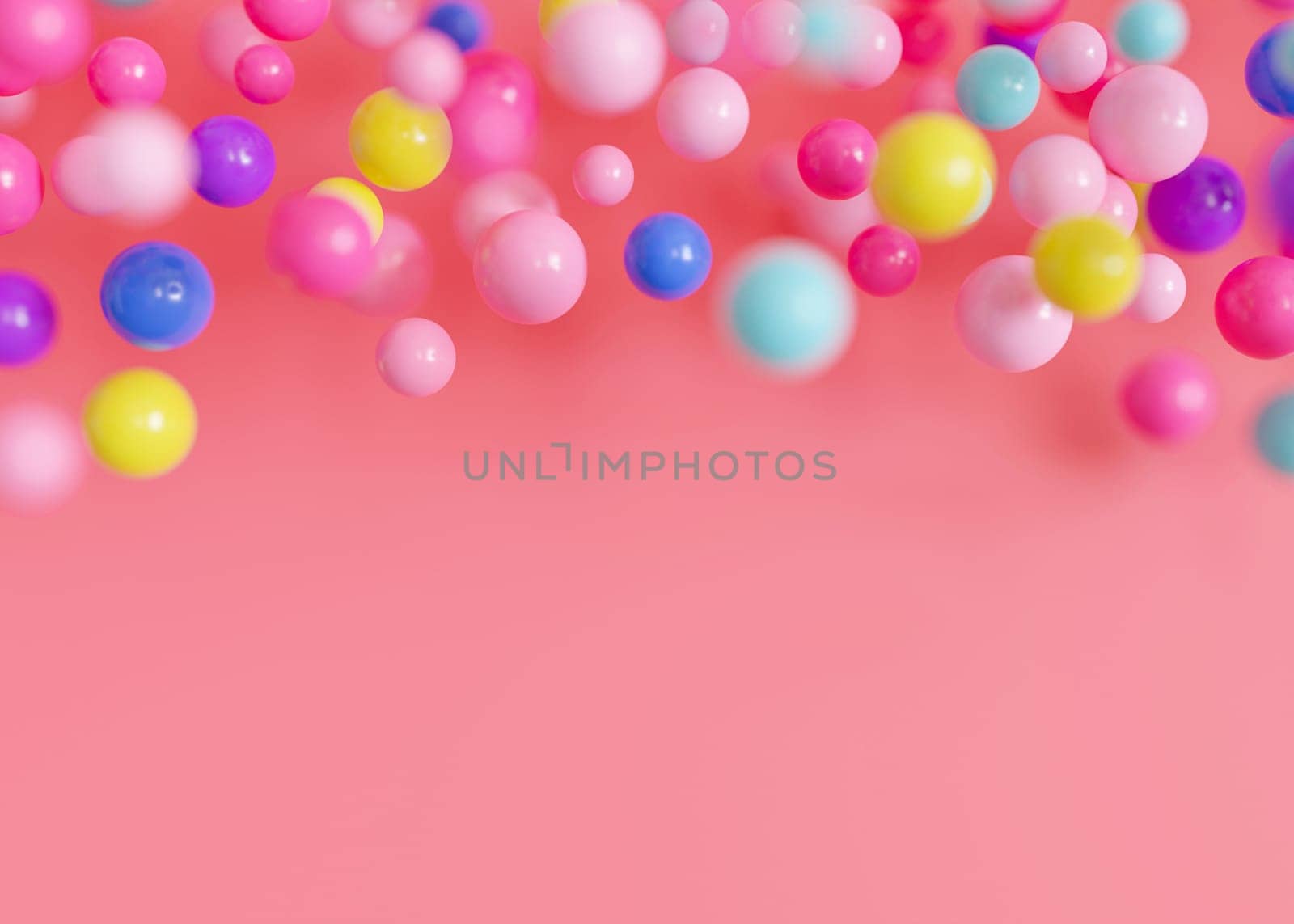 Vibrant, multicolored balls, balloons on pink background, ideal for festive or playful themes. Empty, copy space. Backdrop for party or celebration invitations, children's parties, play centers. 3D. by creativebird