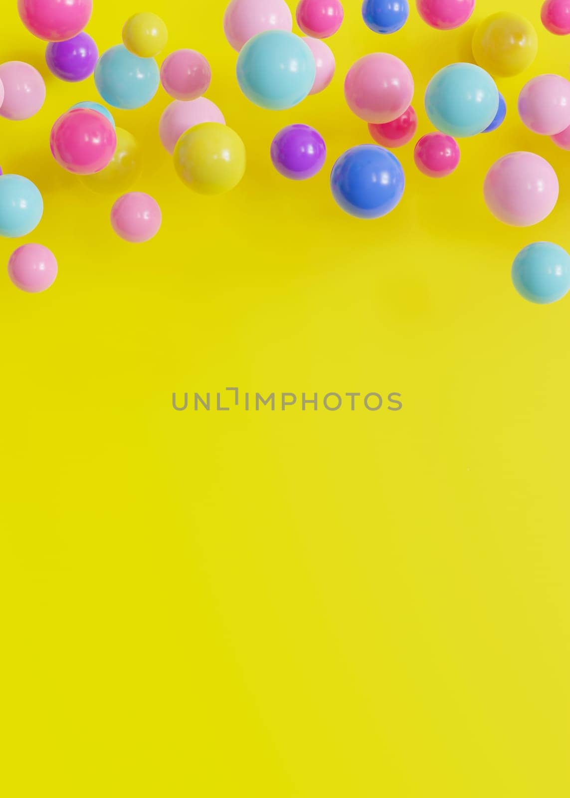 Vibrant, multicolored balls, balloons on yellow background, ideal for festive or playful themes. Empty, copy space. Backdrop for party or celebration invitations, children's parties, play centers. 3D. by creativebird