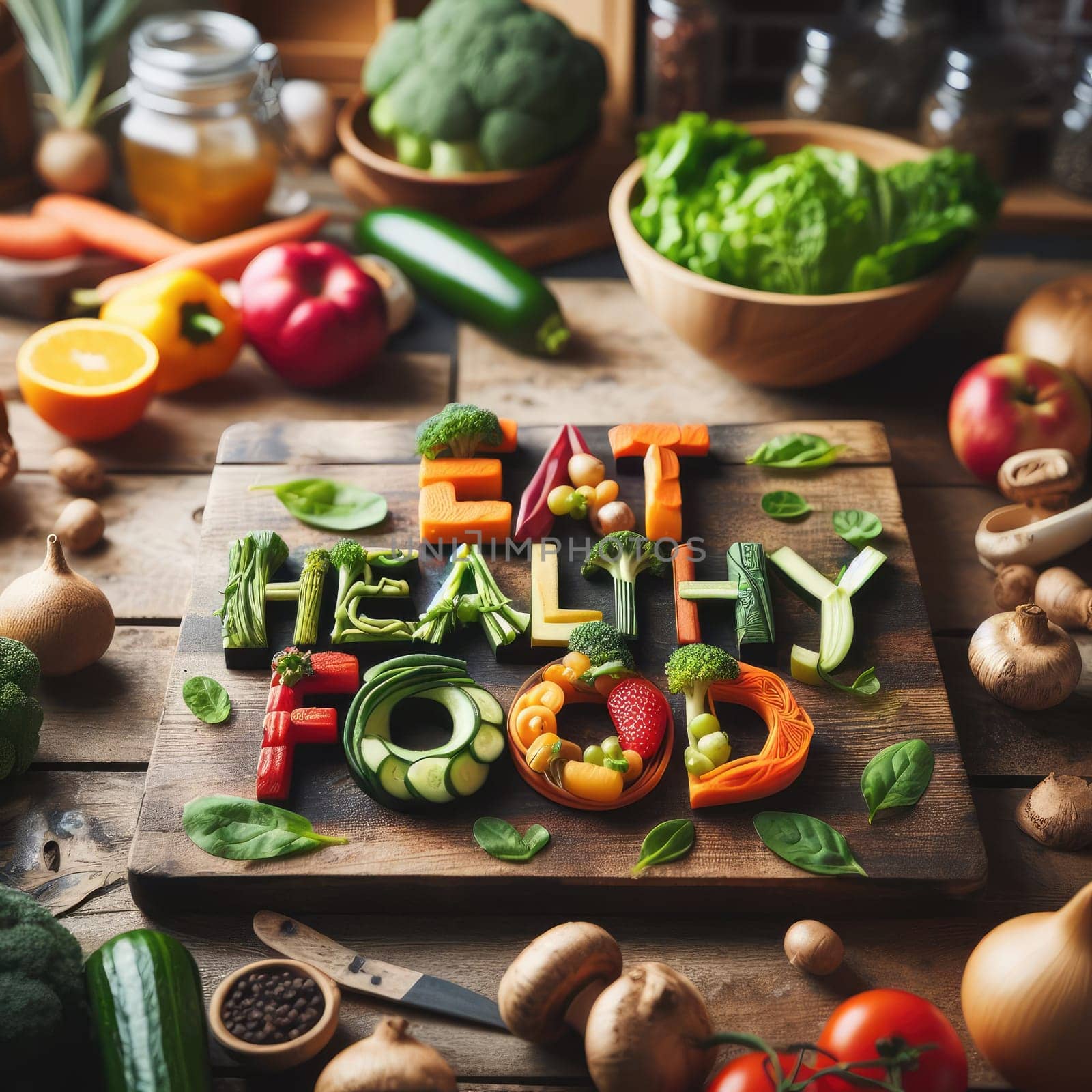 Words: Eat healthy food. made with organic vegetables and fruits on wooden rustic table by Kobysh