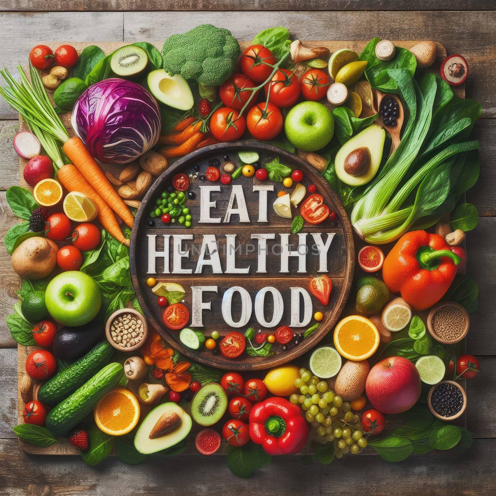 Words: Eat healthy food. made with organic vegetables and fruits on wooden rustic table.