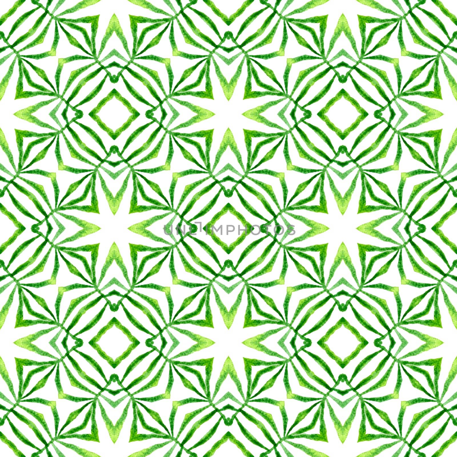 Ethnic hand painted pattern. Green curious boho chic summer design. Watercolor summer ethnic border pattern. Textile ready cool print, swimwear fabric, wallpaper, wrapping.