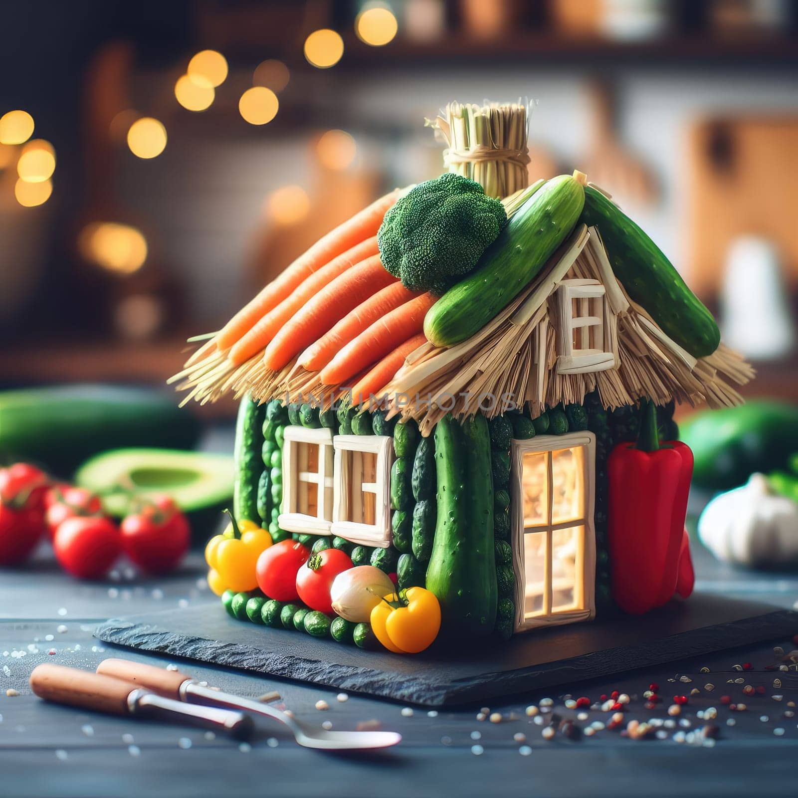 photo of house made of vagetables. macro close up lens with kitchen bokeh on background.