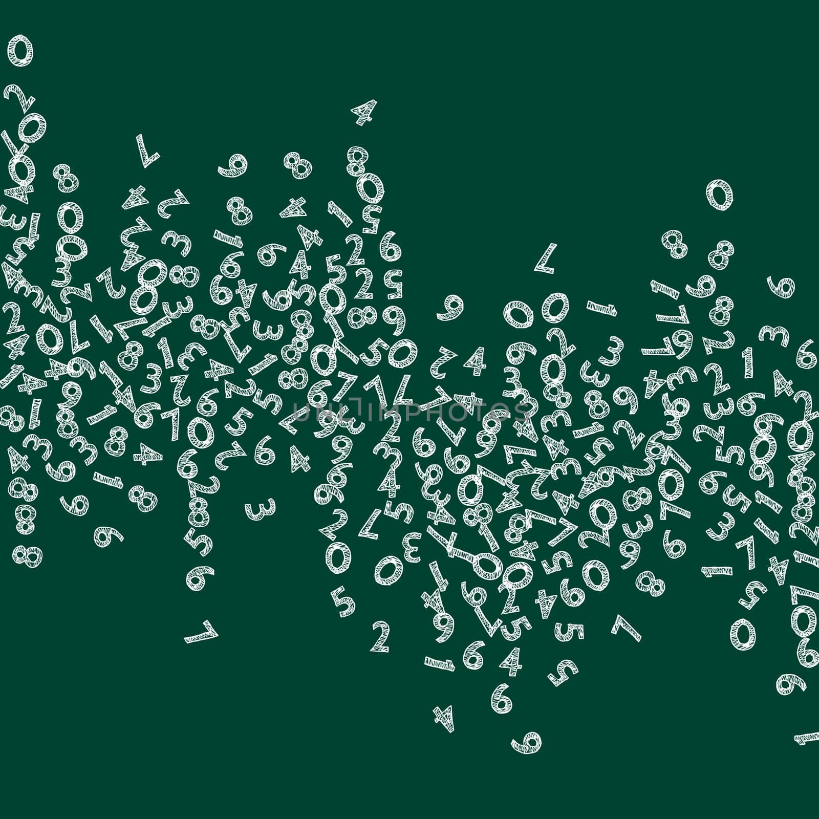 Falling handdrawn chalk numbers. Math study concept with flying digits. Radiant back to school mathematics banner on blackboard background. Falling numbers illustration.