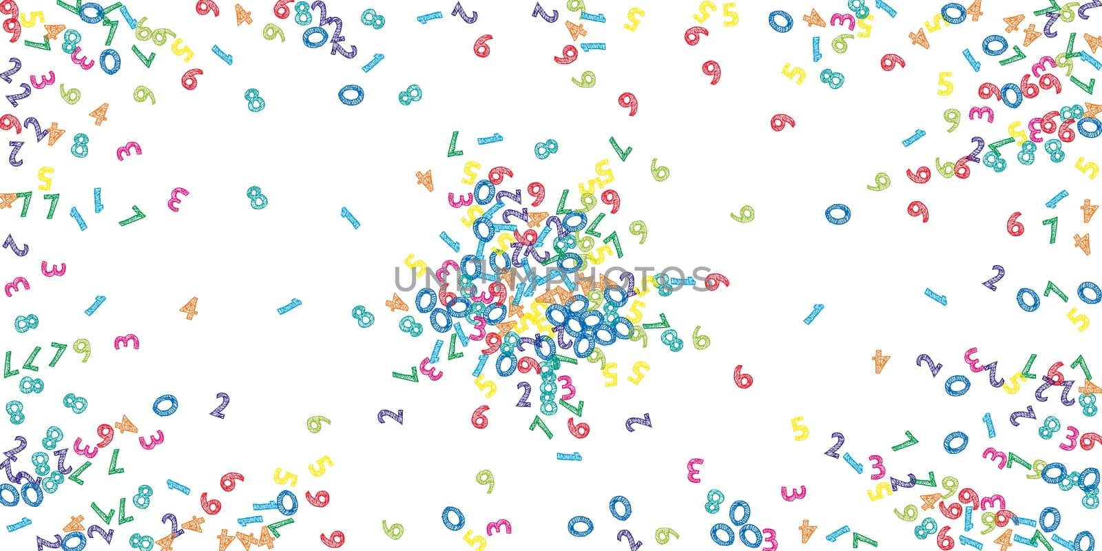 Falling colorful sketch numbers. Math study concept with flying digits. Symmetrical back to school mathematics banner on white background. Falling numbers illustration.