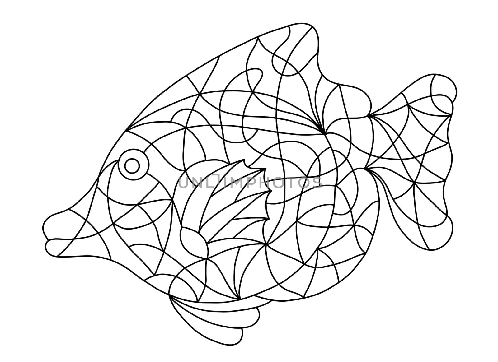 Black and White Fish in Stained Glass Style for Coloring Books Adult, Coloring Pages, Print, Batik and Mosaic Tile Window. by Rina_Dozornaya