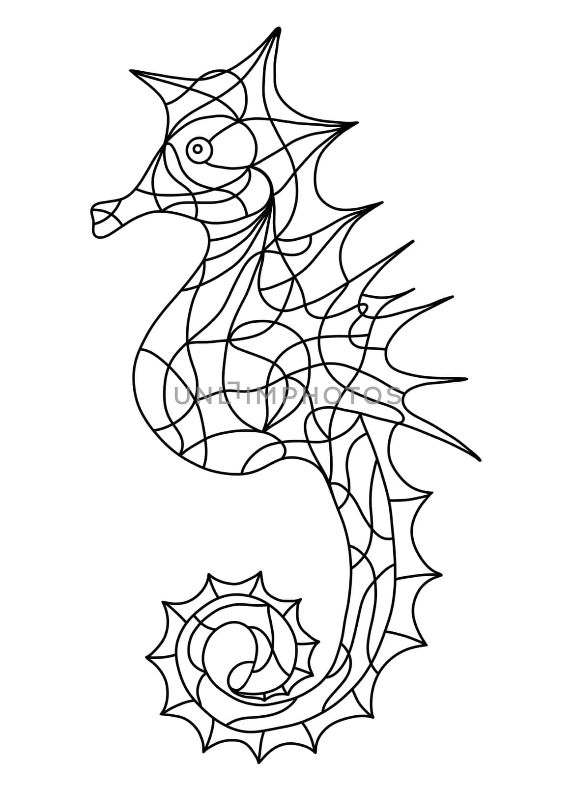 Sea Horse Isolated Logo. Hand Drawn Black and White Seahorse Illustration. Sea Horse in Stained Glass Window Style. Coloring Book Pages for Adult.