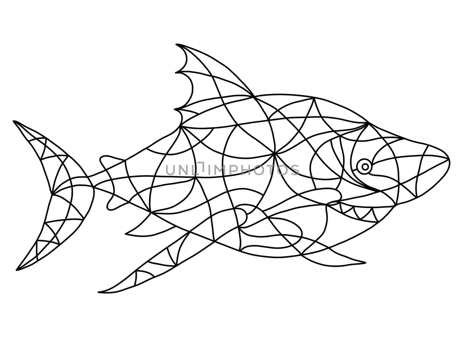 Black and White Shark in Stained Glass Window Style. Mosaic Tiles Shark Isolated on White Background. Coloring Book Pages for Adult.